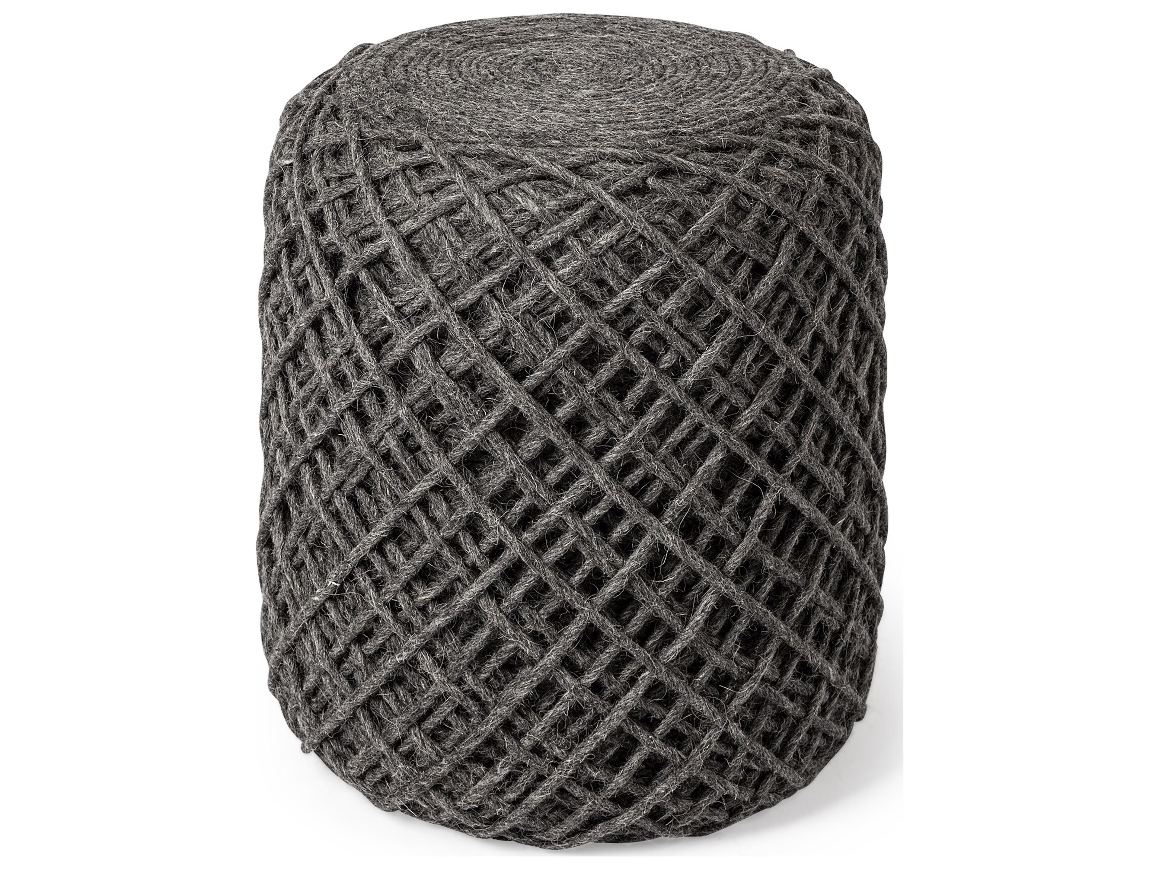 Allium Dark Gray Handwoven Wool Cylindrical Pouf