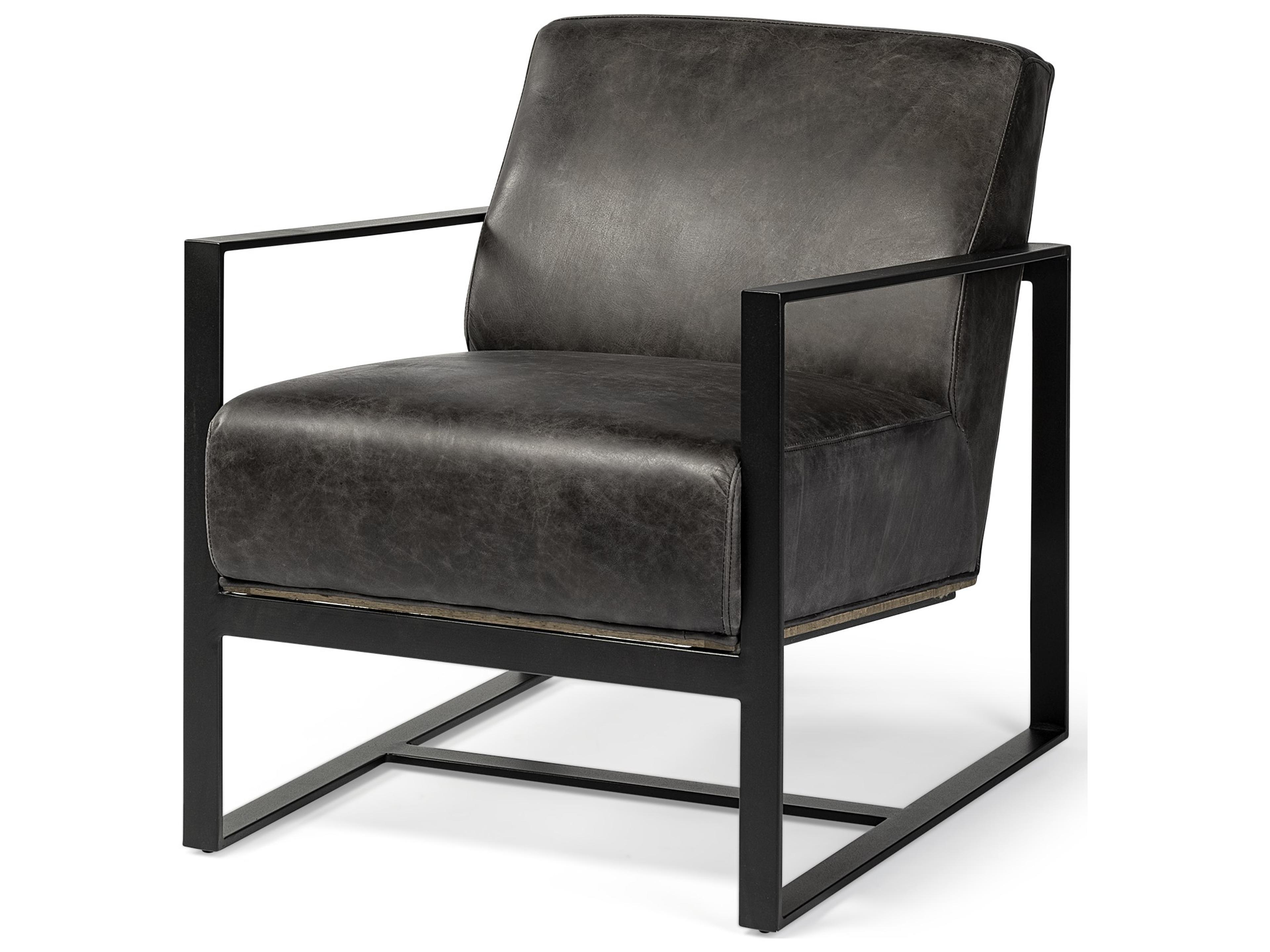 Stamford Black Genuine Leather Seat w/ Wood Back, Metal Frame Accent Chair