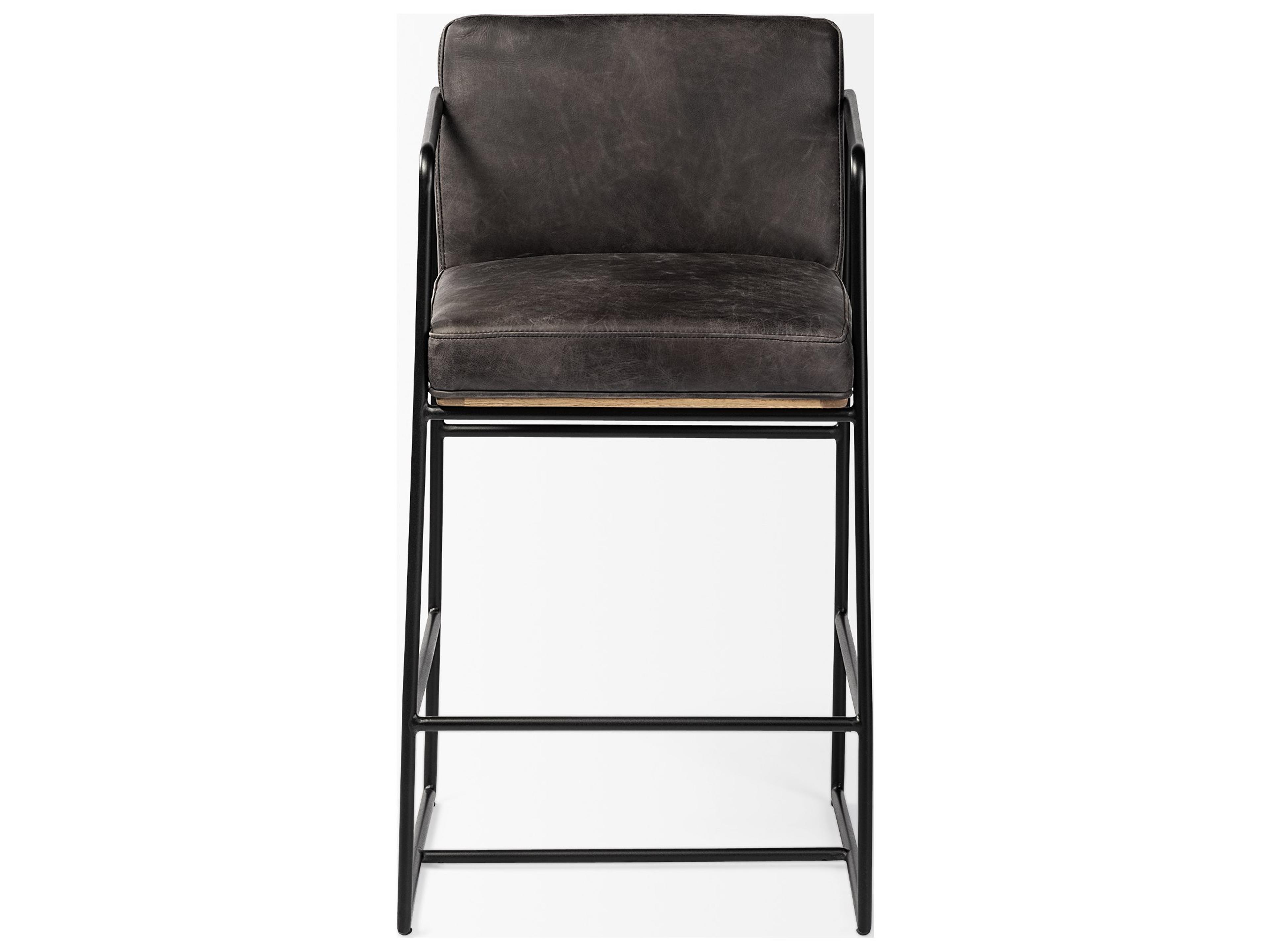 Mercana Stamford 36" Total Height Black Leather Seat w/ Wood Back, Metal Frame Counter Stool