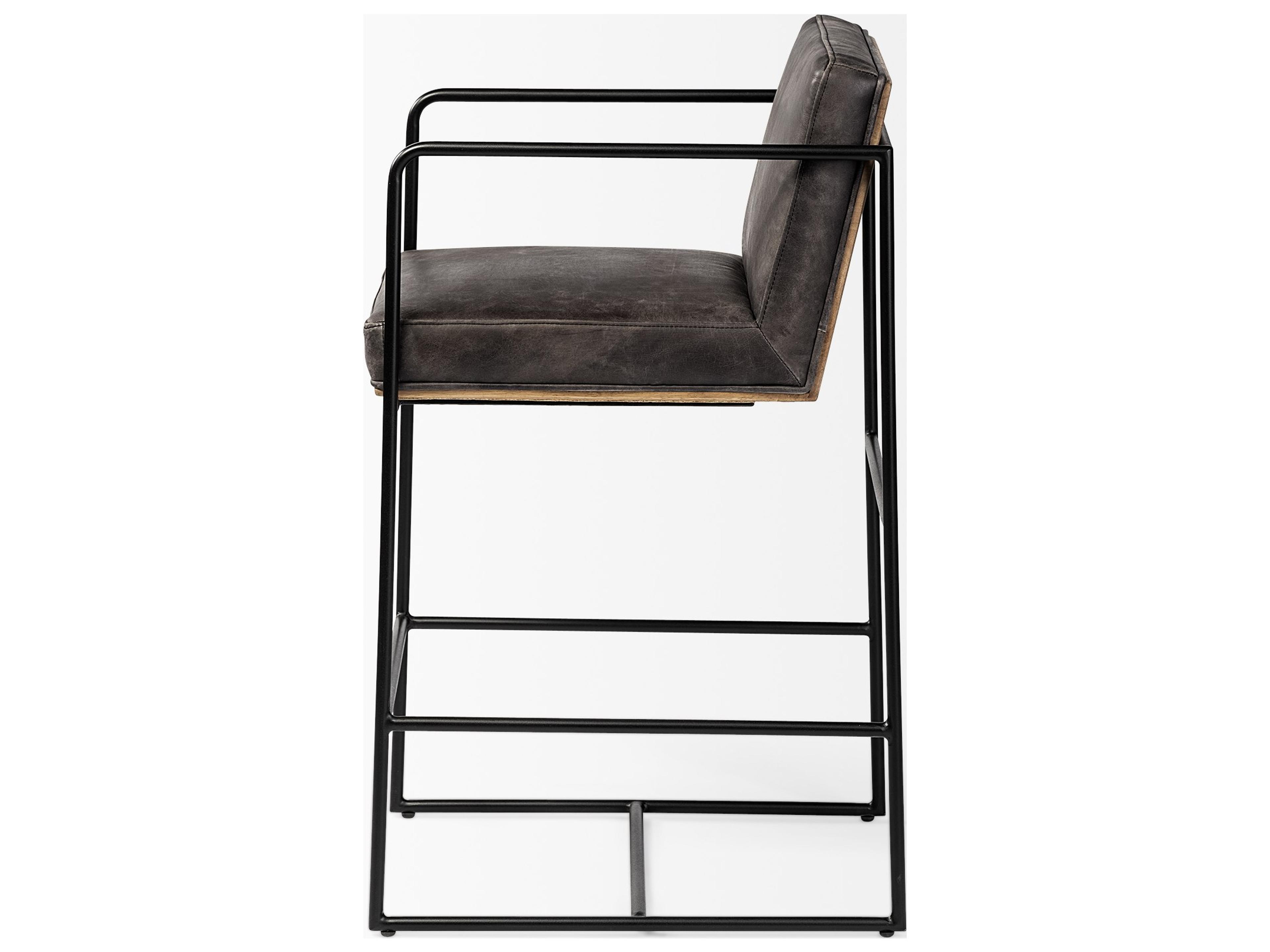 Mercana Stamford 36" Total Height Black Leather Seat w/ Wood Back, Metal Frame Counter Stool