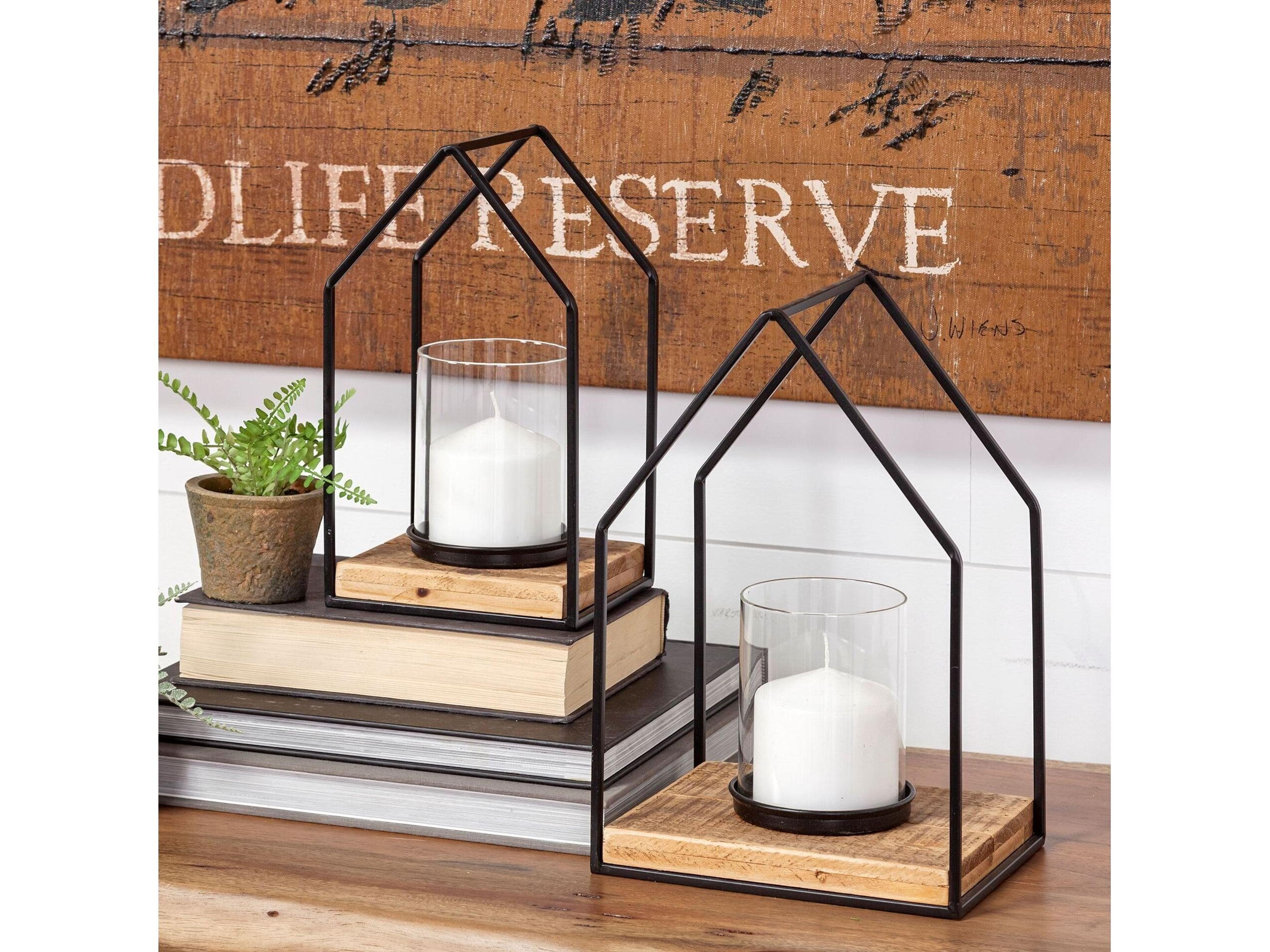 Mercana Leopold Set of Two Black Metal Wooden Base Table Candle Holders