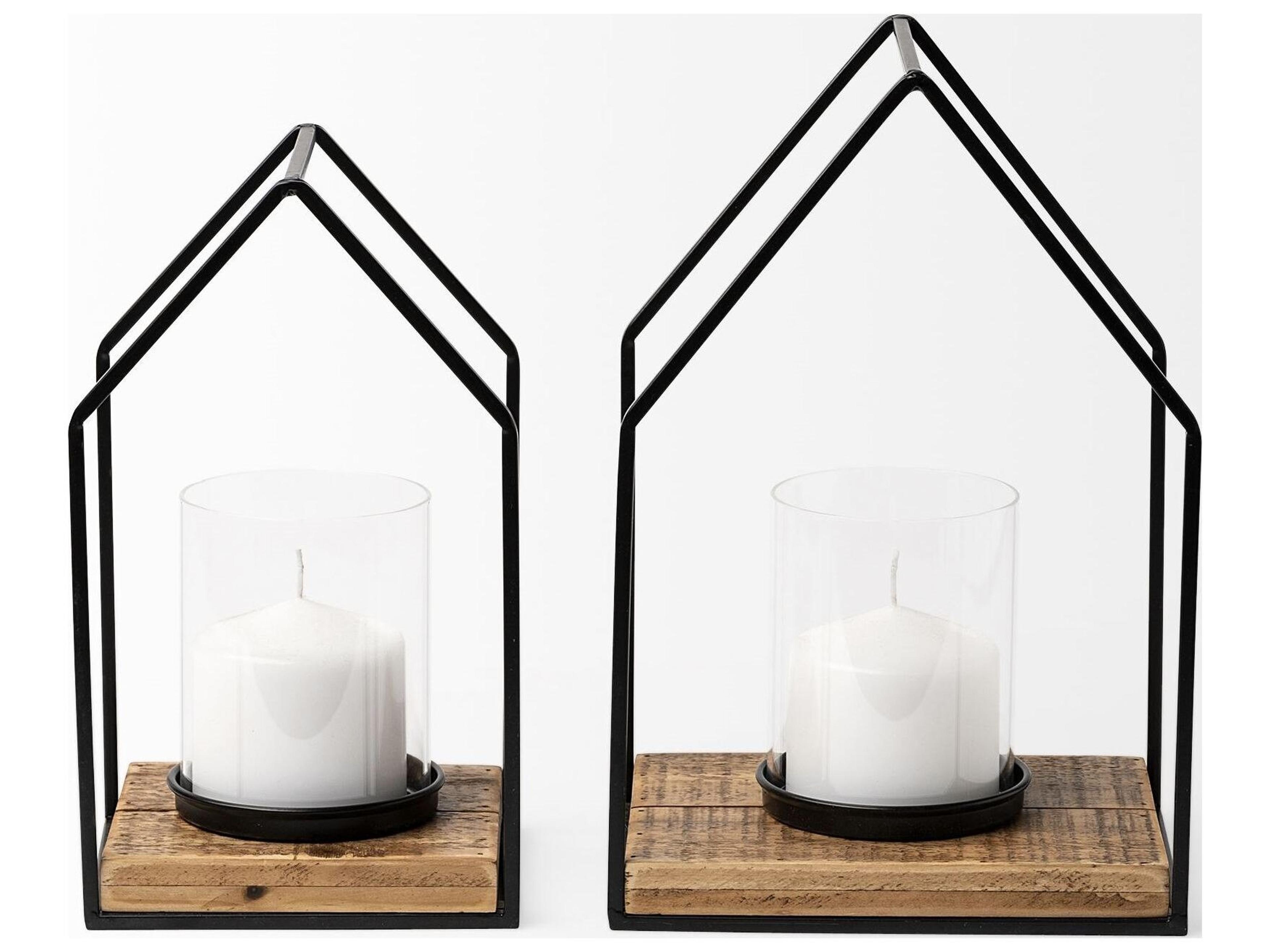 Mercana Leopold Set of Two Black Metal Wooden Base Table Candle Holders