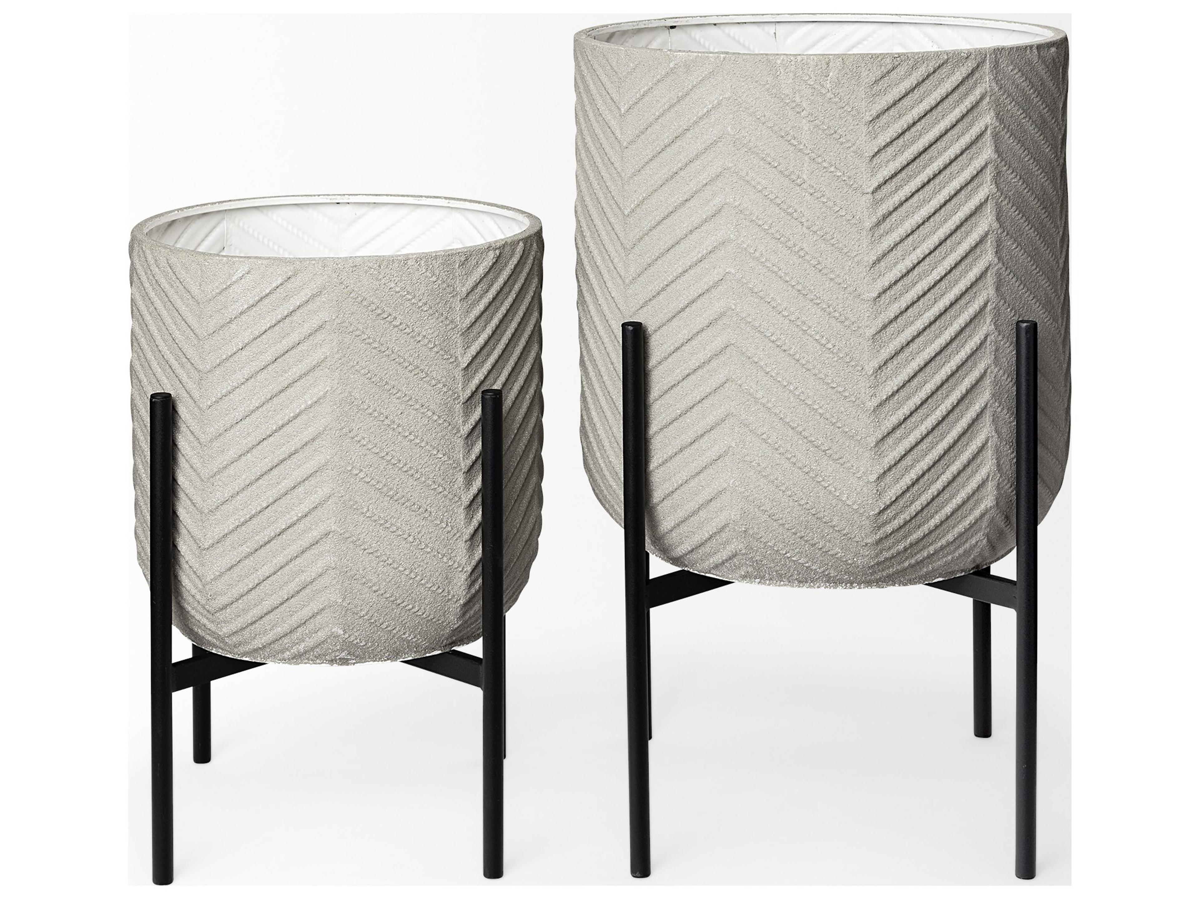 Mercana Mabel Set of Two 15.4 x 24.8 Eggshell Metal Top W/ Black Iron Base Plant Stands