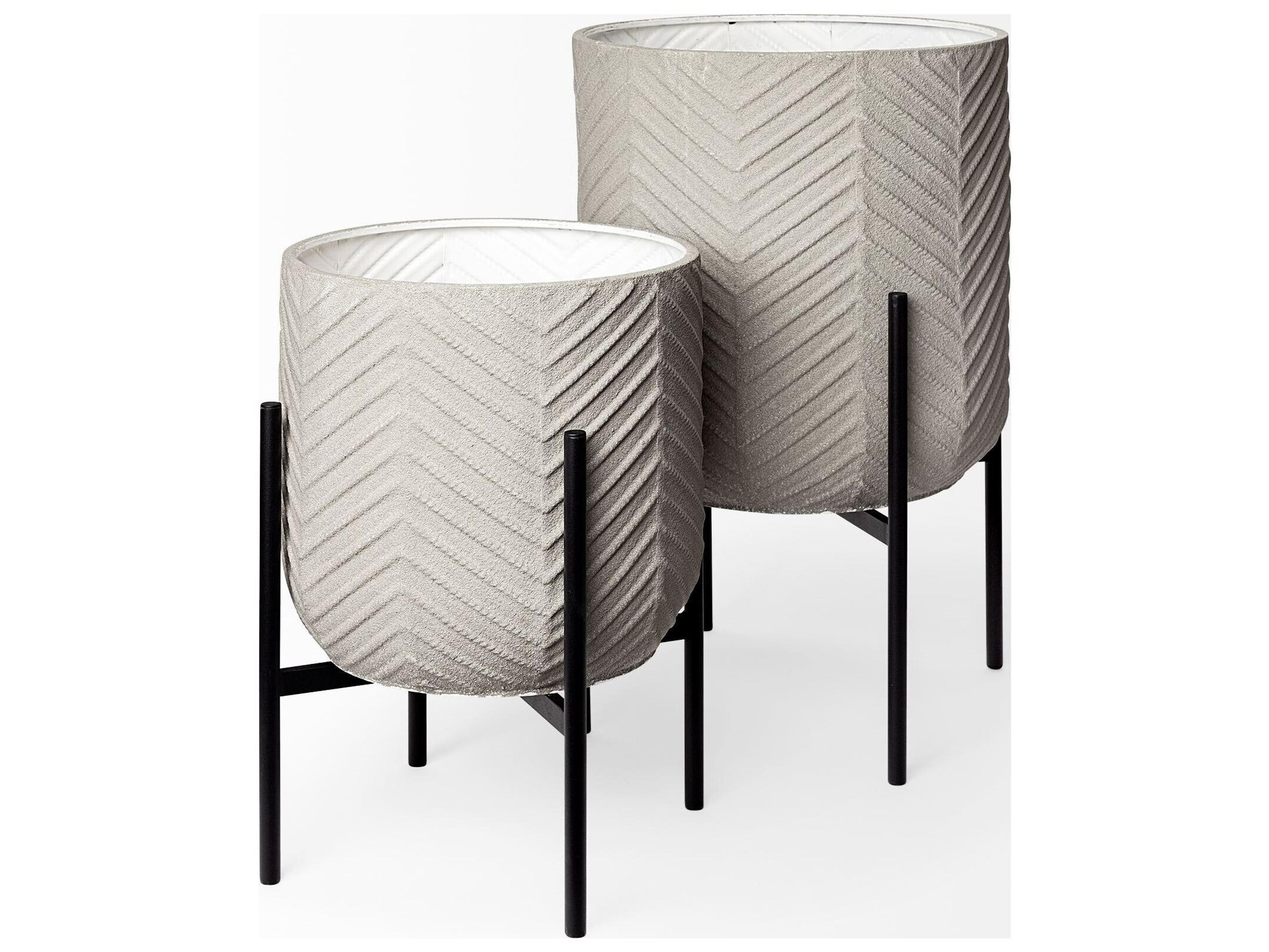 Mercana Mabel Set of Two 15.4 x 24.8 Eggshell Metal Top W/ Black Iron Base Plant Stands