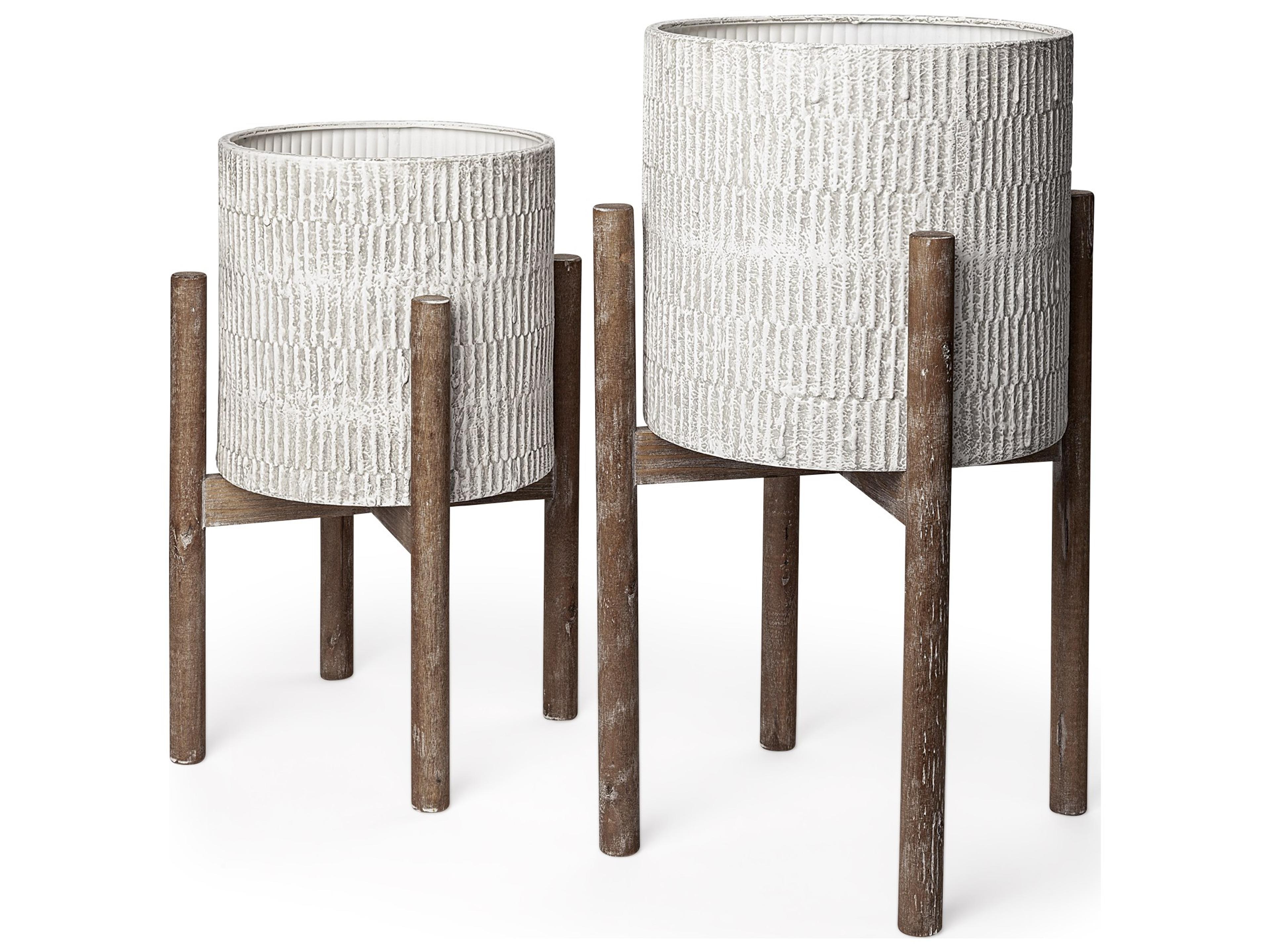 Mercana Groot Set of Two 11.8 x 23  Eggshell Ceramic Wooden Base Plant Stands