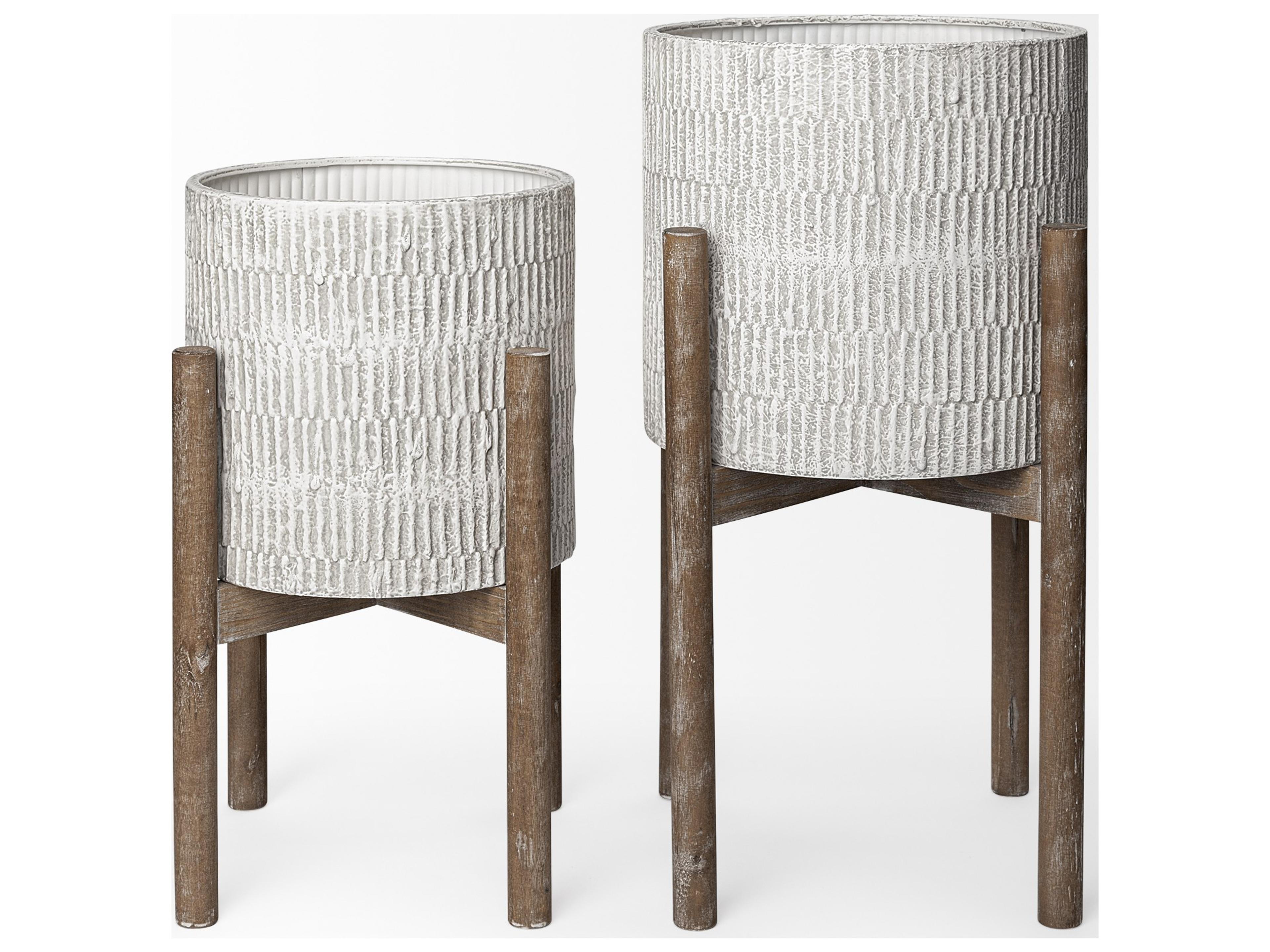 Mercana Groot Set of Two 11.8 x 23  Eggshell Ceramic Wooden Base Plant Stands