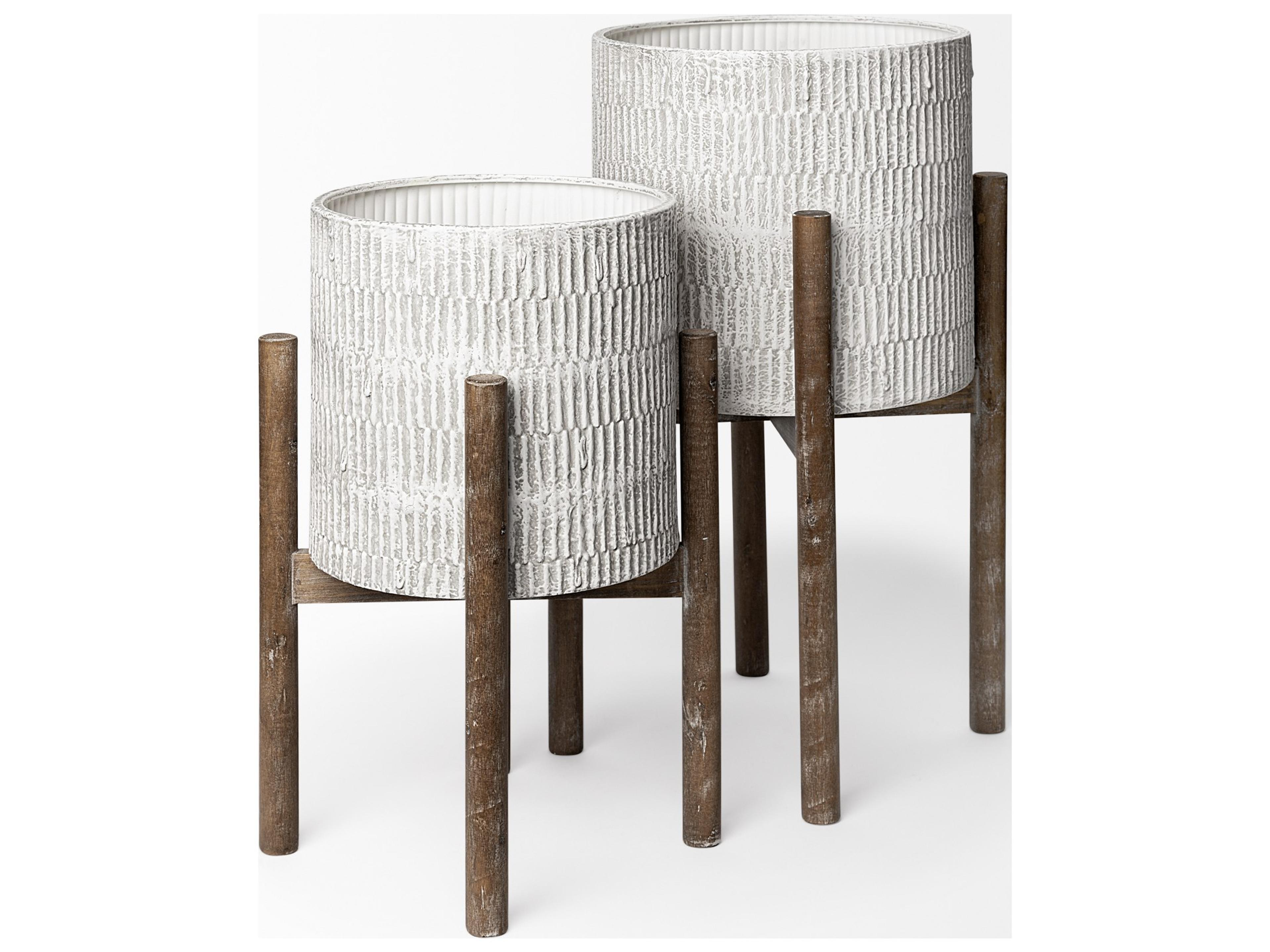 Mercana Groot Set of Two 11.8 x 23  Eggshell Ceramic Wooden Base Plant Stands