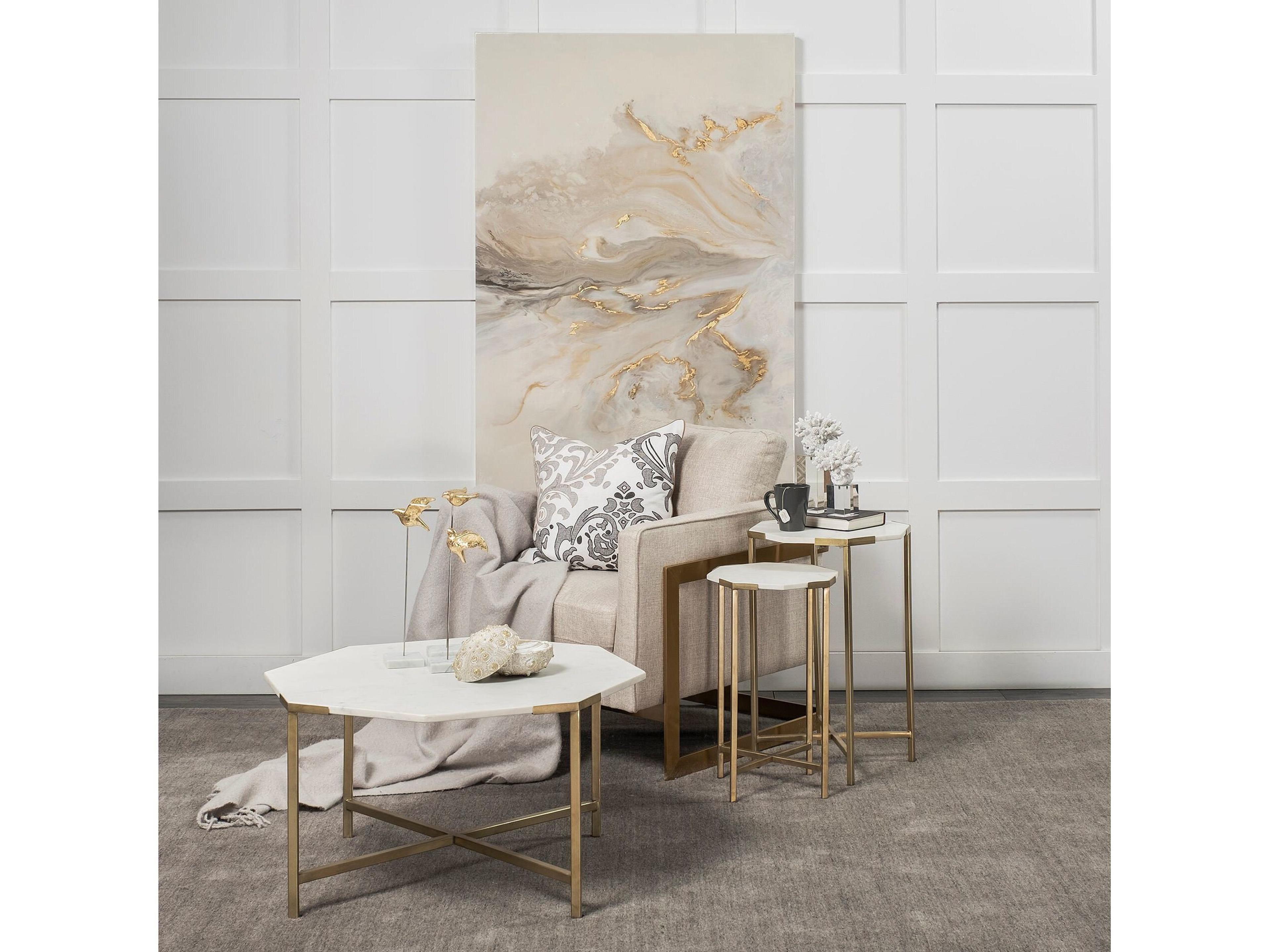 Mercana Vincent 33" Octagonal White Marble Tabletop w/ Gold Metal Base Coffee Table