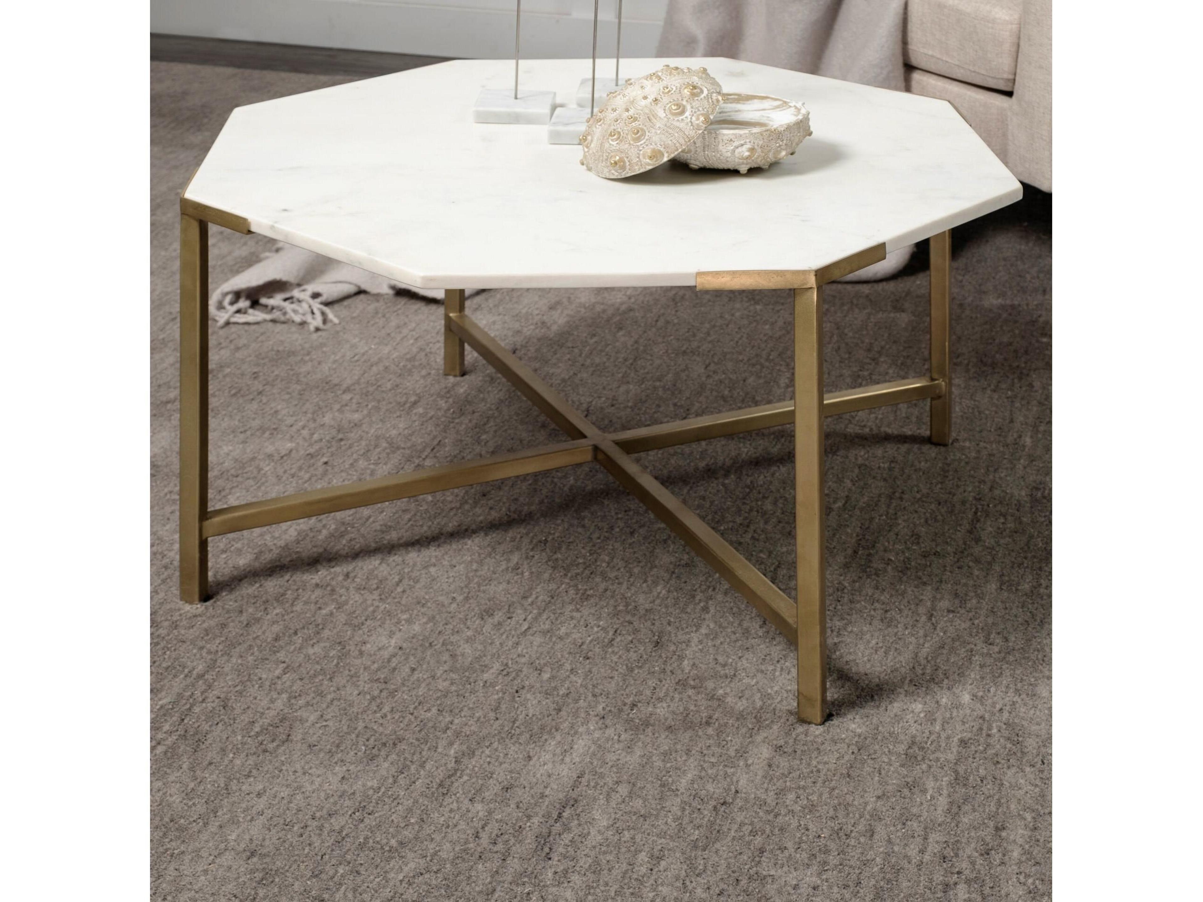Mercana Vincent 33" Octagonal White Marble Tabletop w/ Gold Metal Base Coffee Table