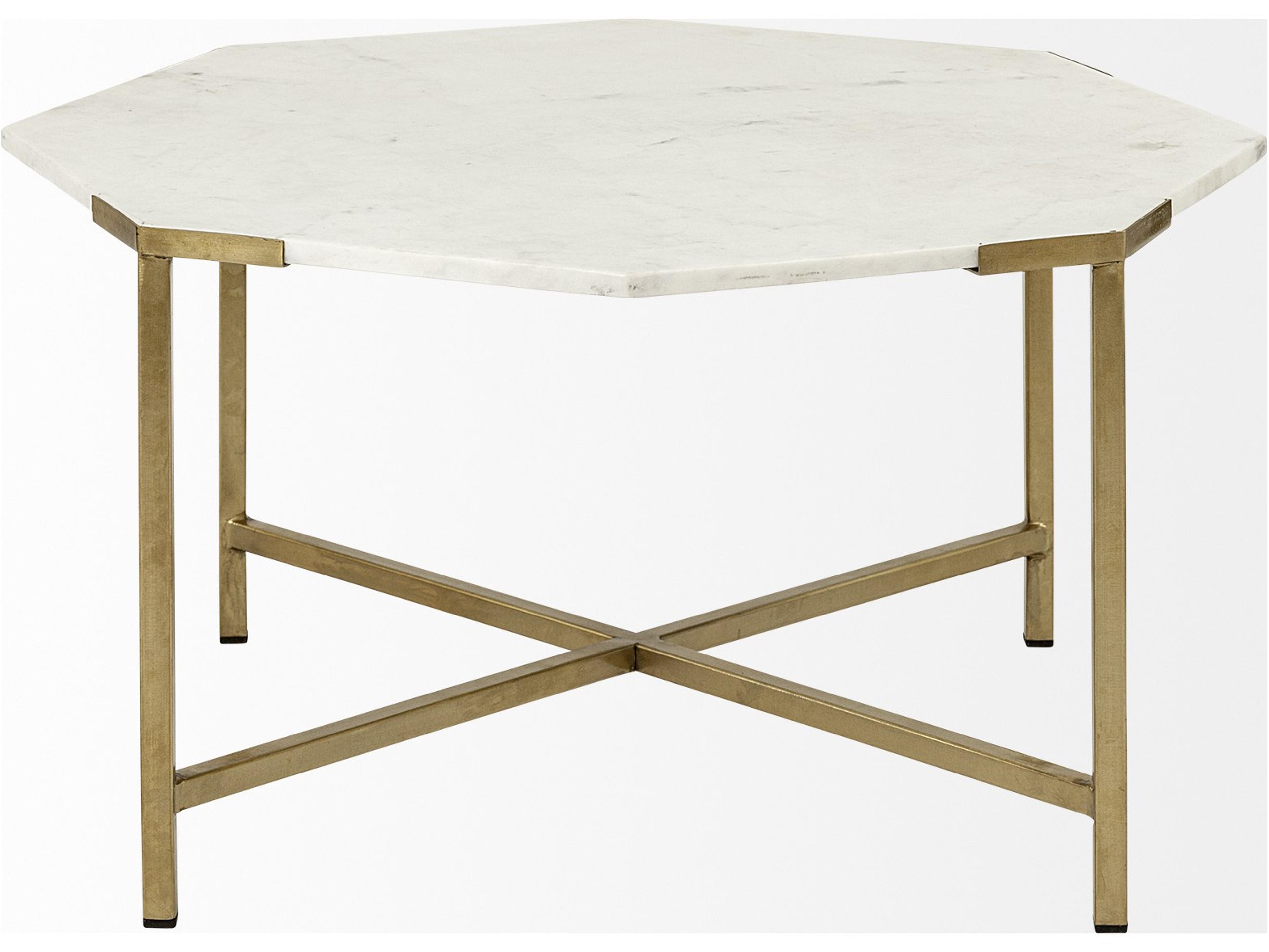 Mercana Vincent 33" Octagonal White Marble Tabletop w/ Gold Metal Base Coffee Table