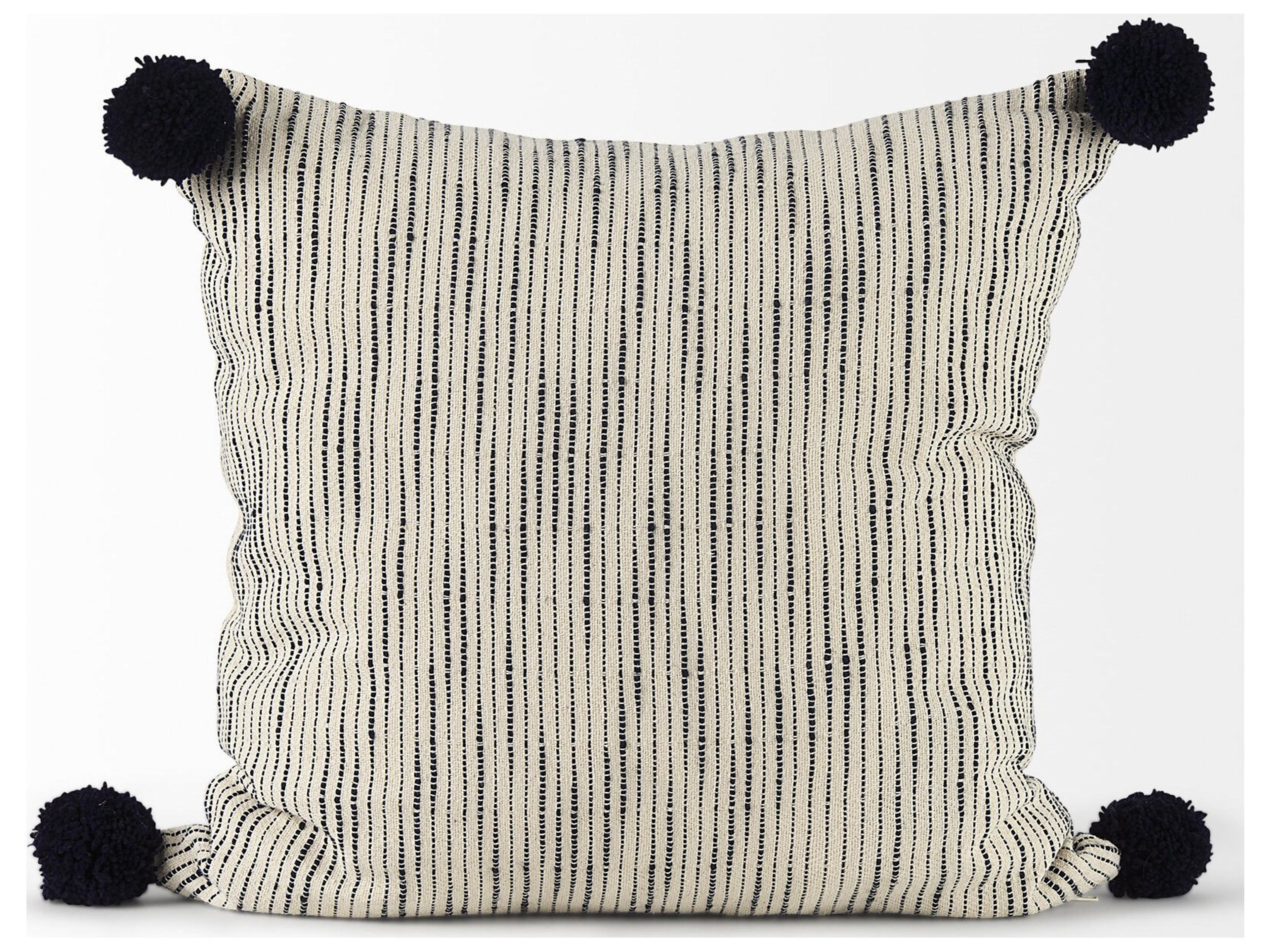 Mercana Krystal 20 x 20 Cream/Blue Pom Pom Decorative Pillow Cover