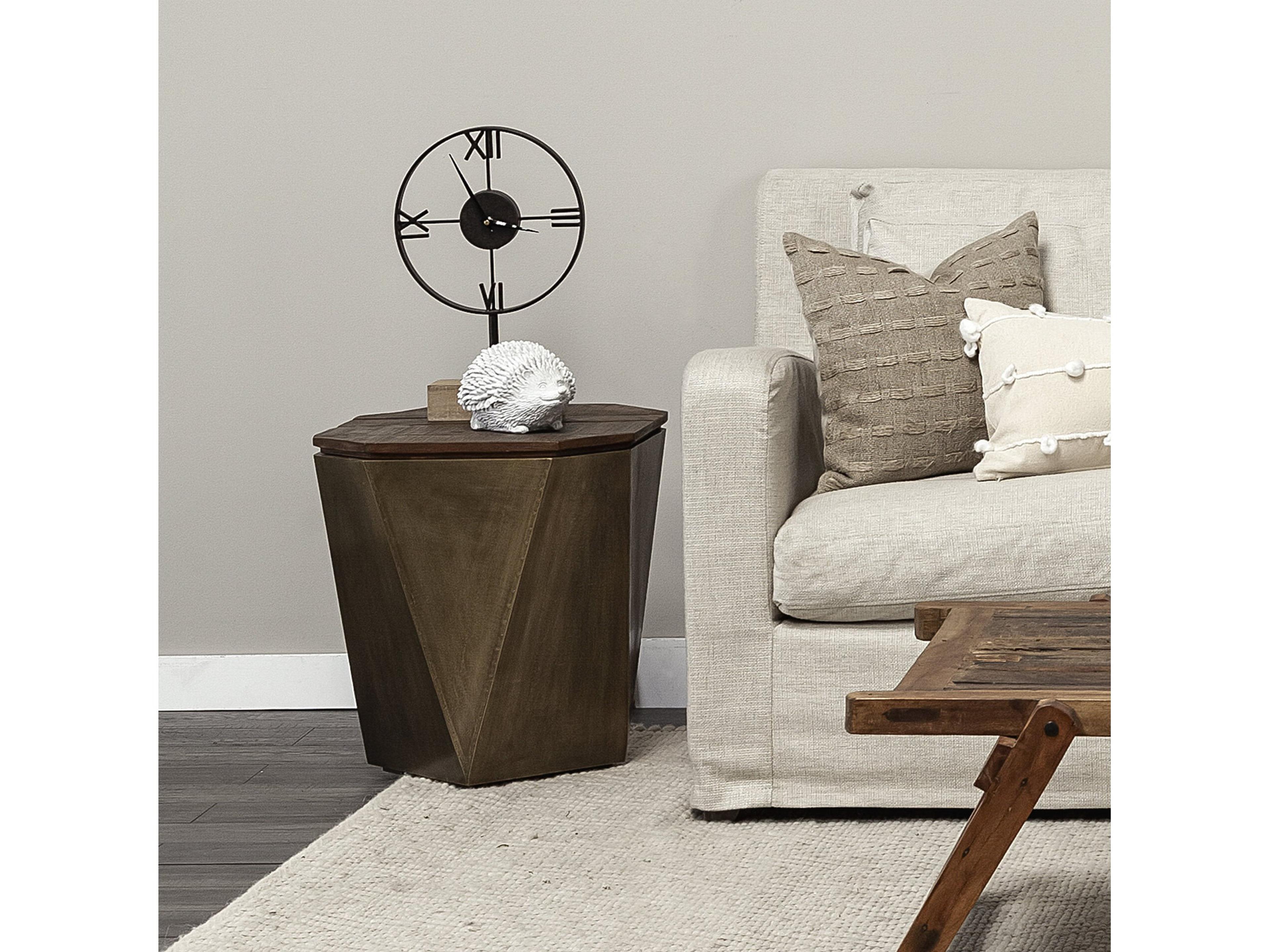 Mercana Esagono Octagonal Gold Metal-Clad Reclaimed Wood End/Side Table w/ Storage