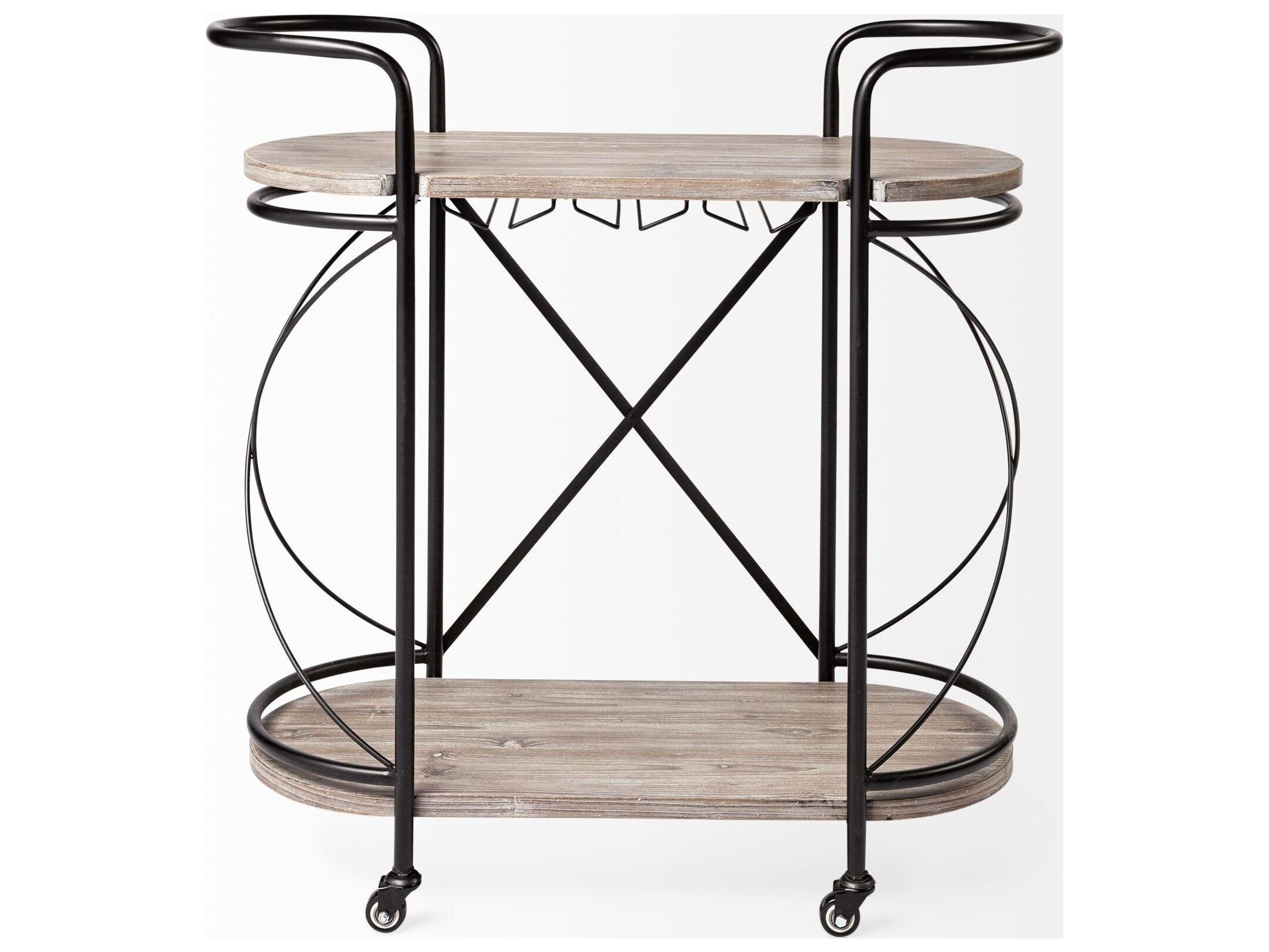 Mercana Marlon Black Metal Frame Two Tier Shelves w/Stemware holder Bar Cart
