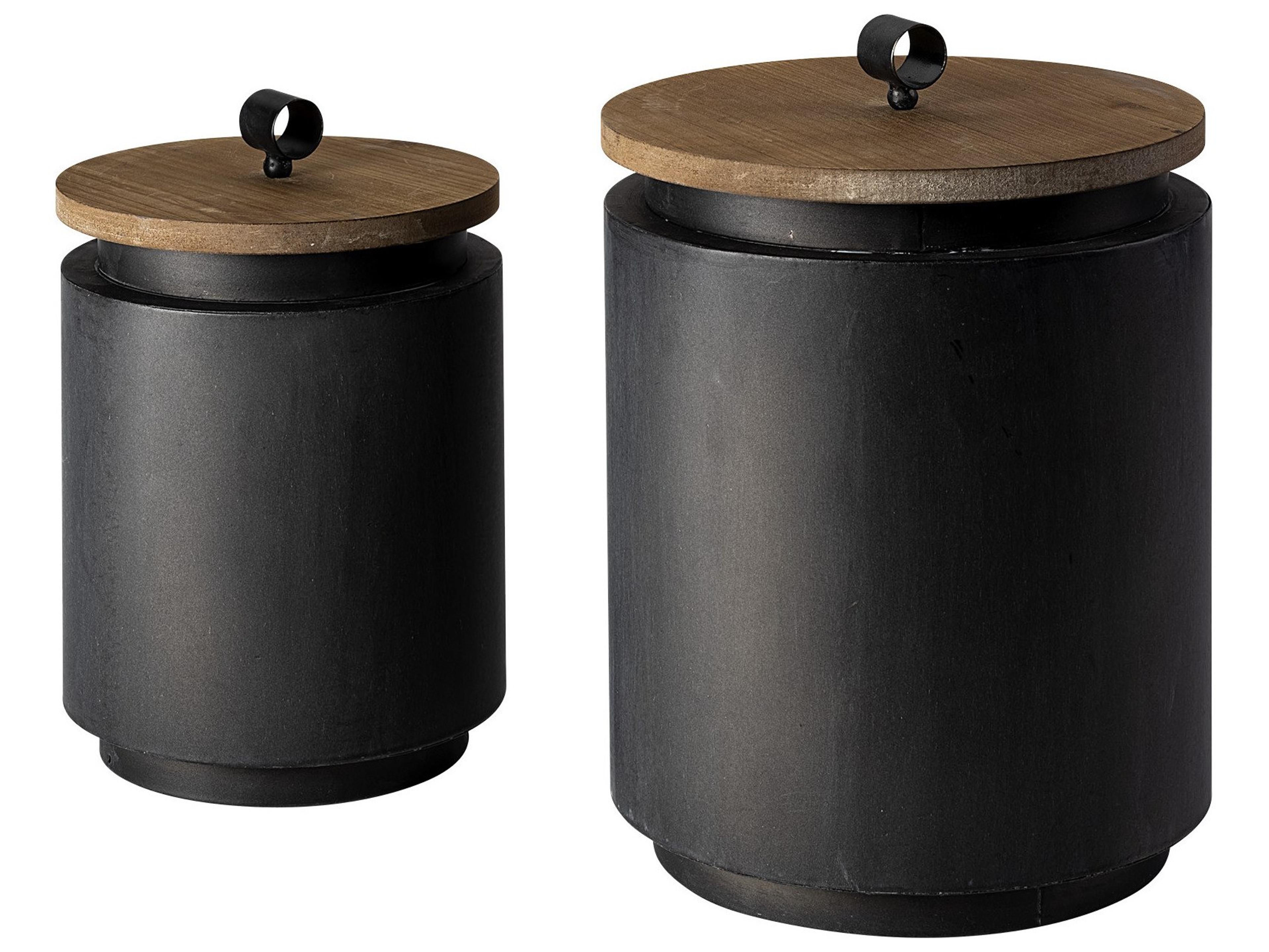 Mercana Cyril (Set of 2) Gray Metal W/ Brown Wood Lids Jars