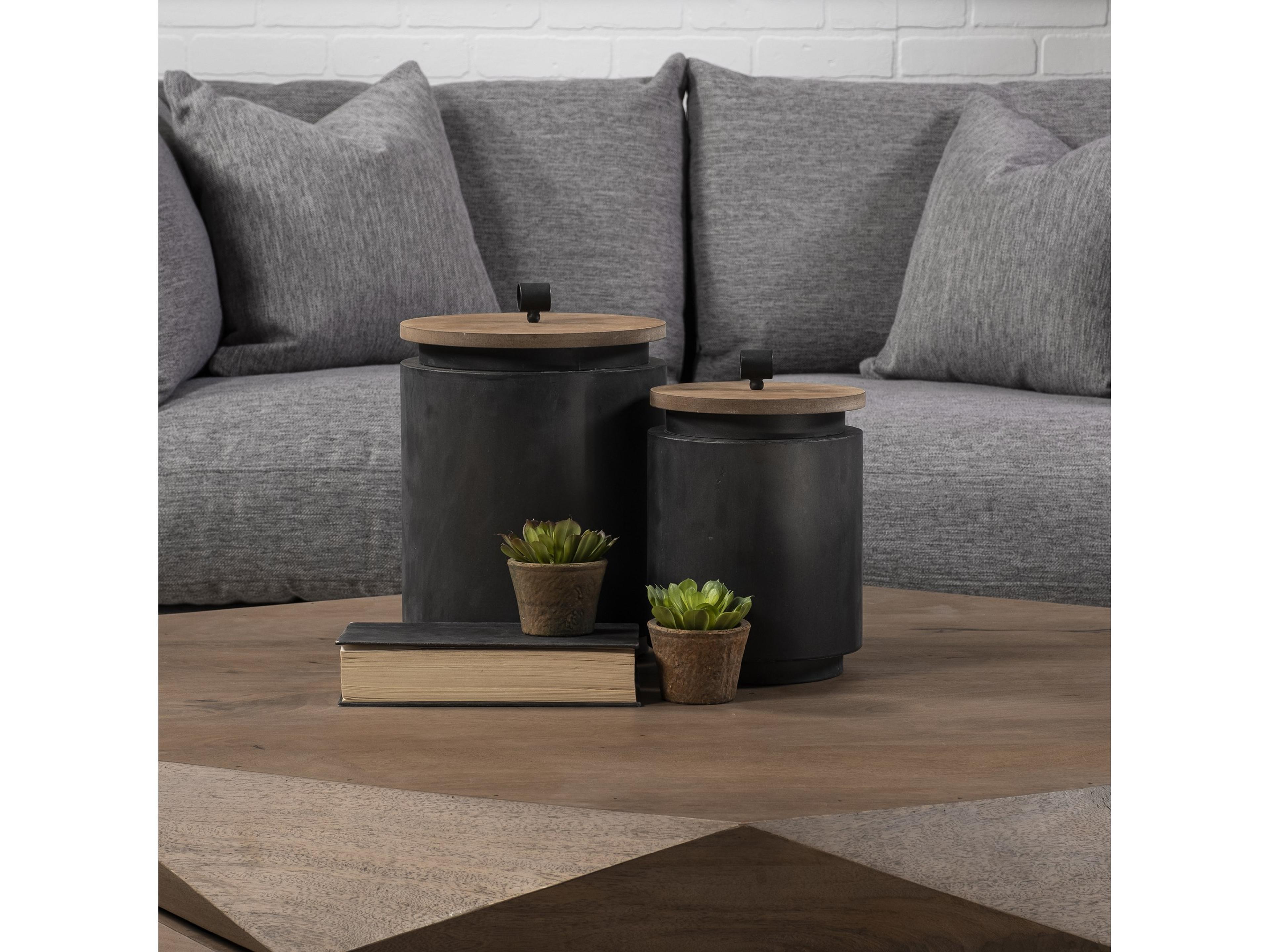 Mercana Cyril (Set of 2) Gray Metal W/ Brown Wood Lids Jars