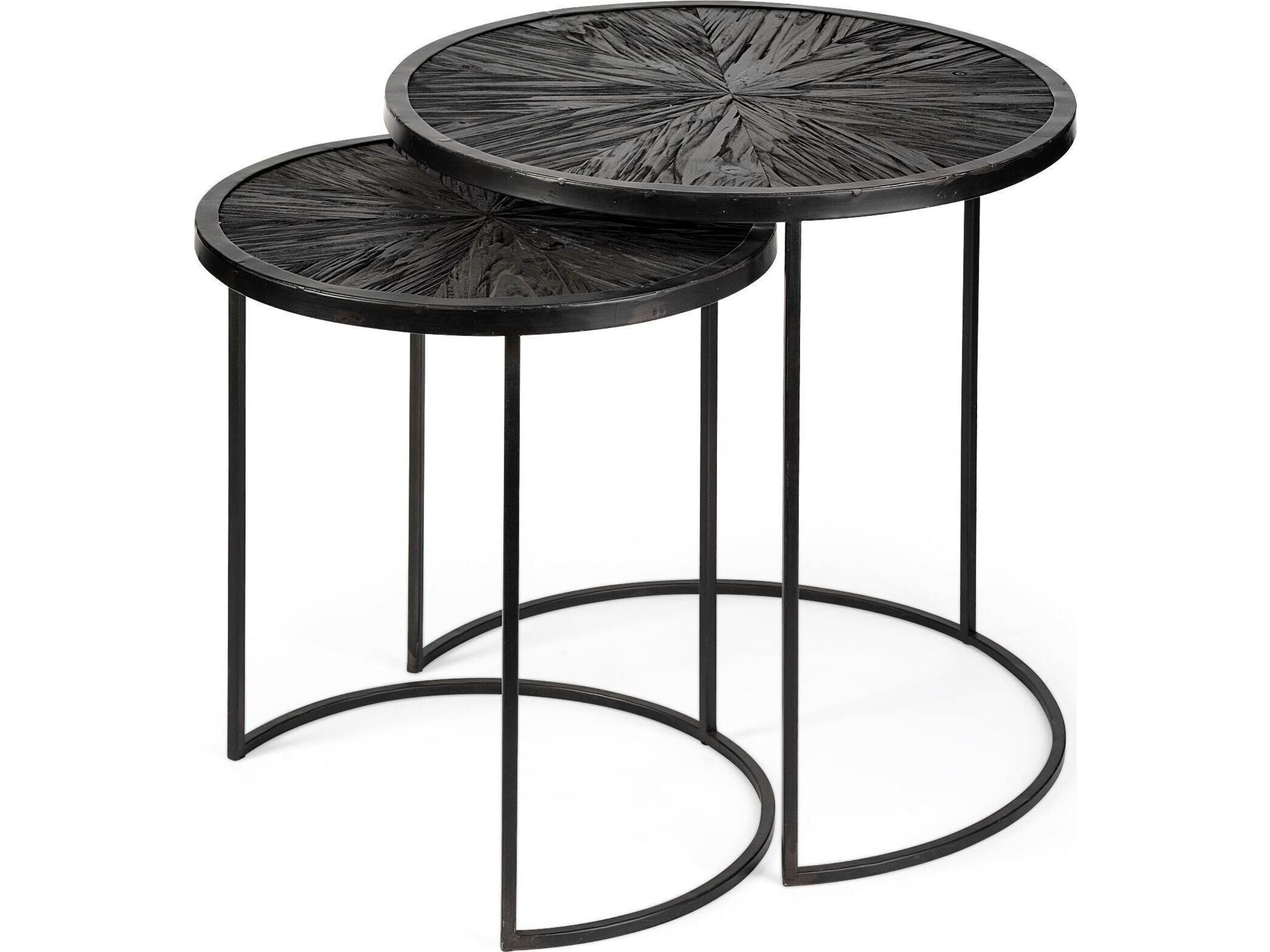 Chakra 19.7" Set of Two Round Dark Wood Top Black Frame Accent Tables