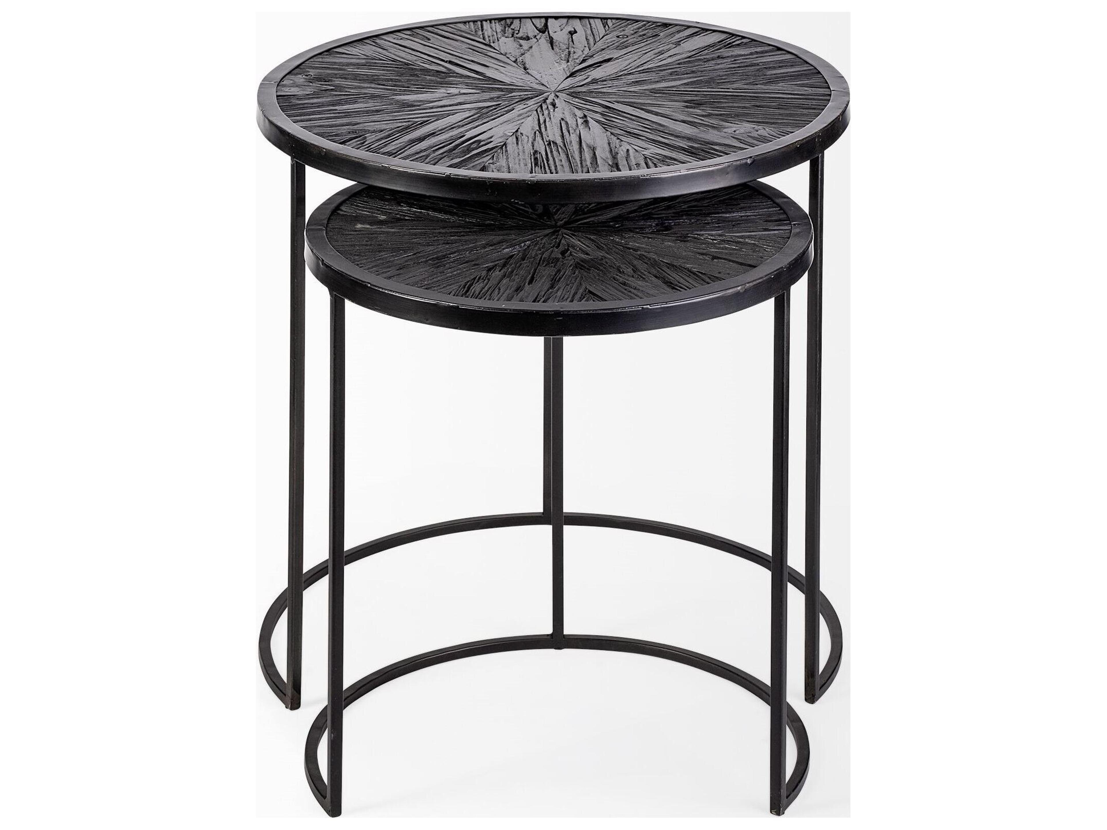 Mercana Chakra 19.7" Set of Two Round Dark Wood Top Black Frame Accent Tables