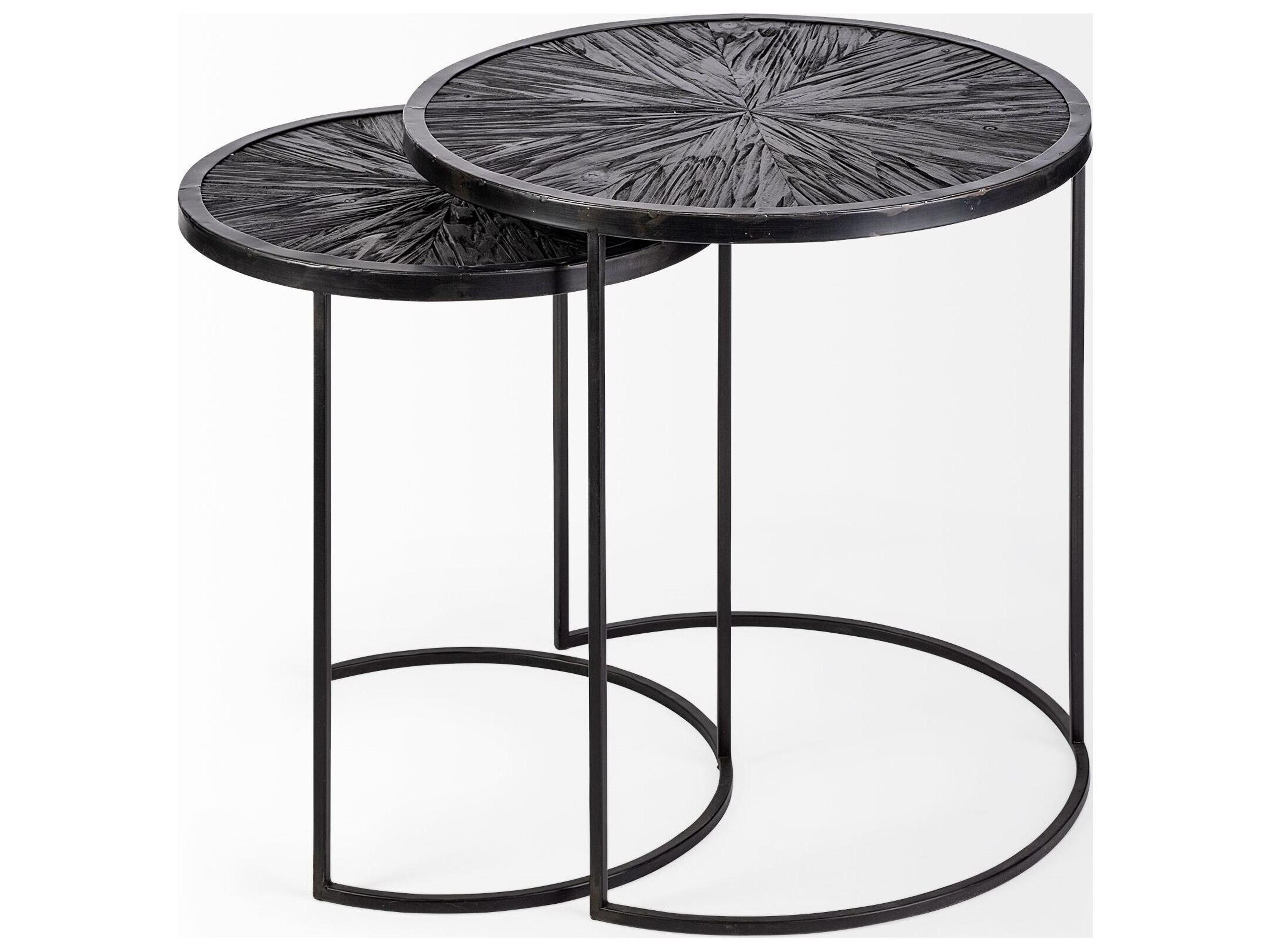 Mercana Chakra 19.7" Set of Two Round Dark Wood Top Black Frame Accent Tables
