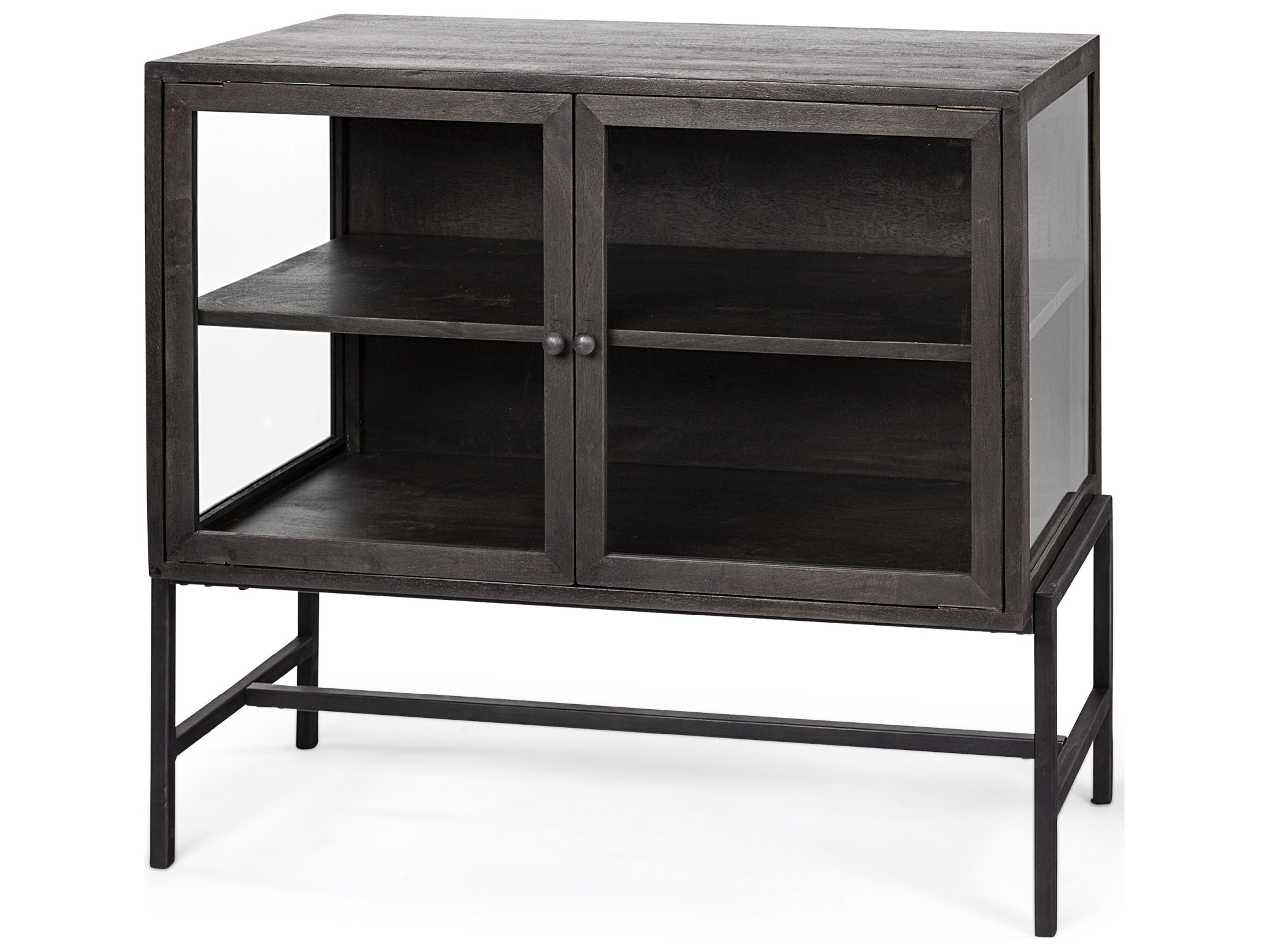 Arelius  36L x 18W Black-Brown Wood, Black Metal Base w/ 2 Glass Doors Accent Cabinet