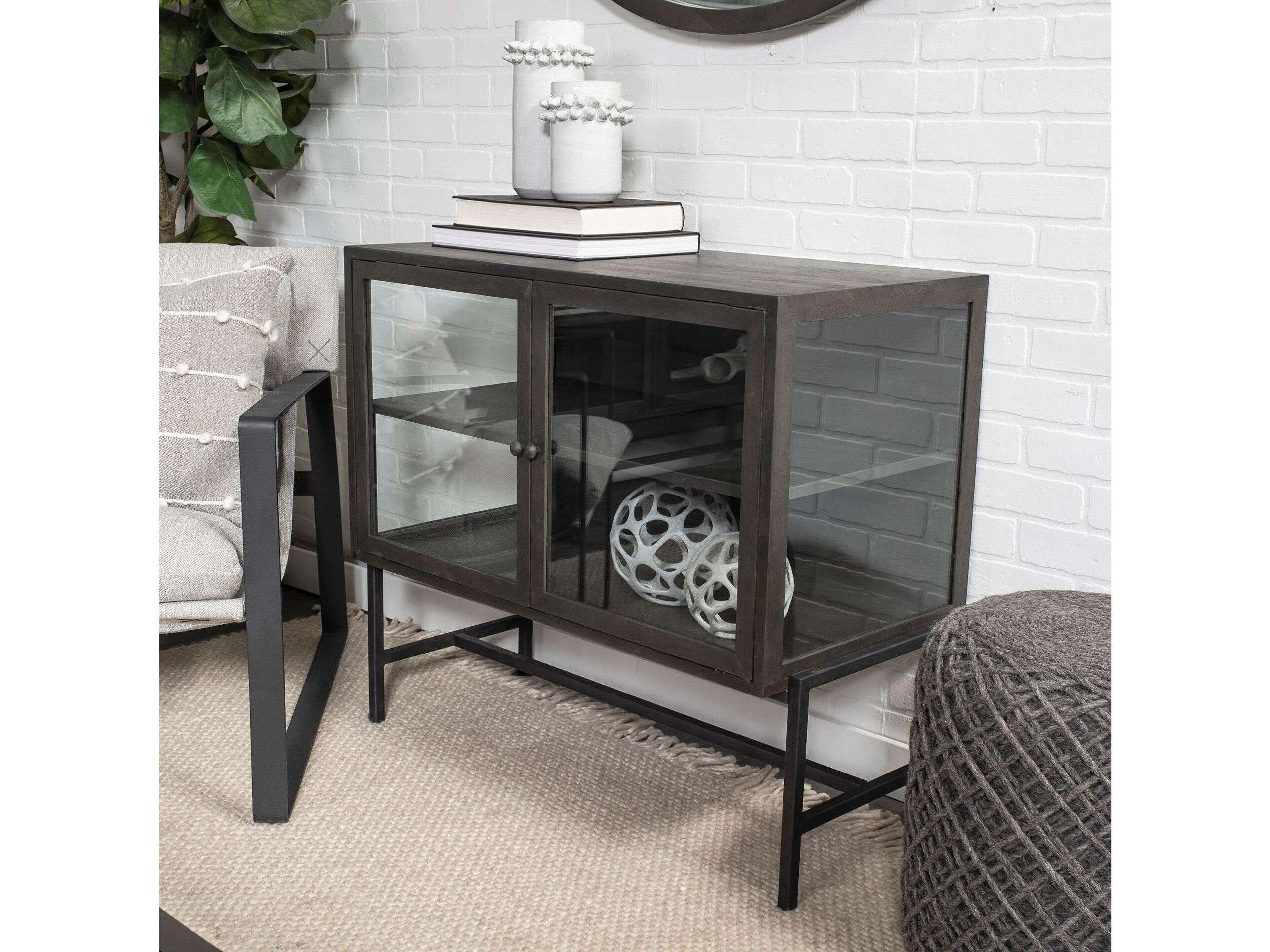 Mercana Arelius  36L x 18W Black-Brown Wood, Black Metal Base w/ 2 Glass Doors Accent Cabinet