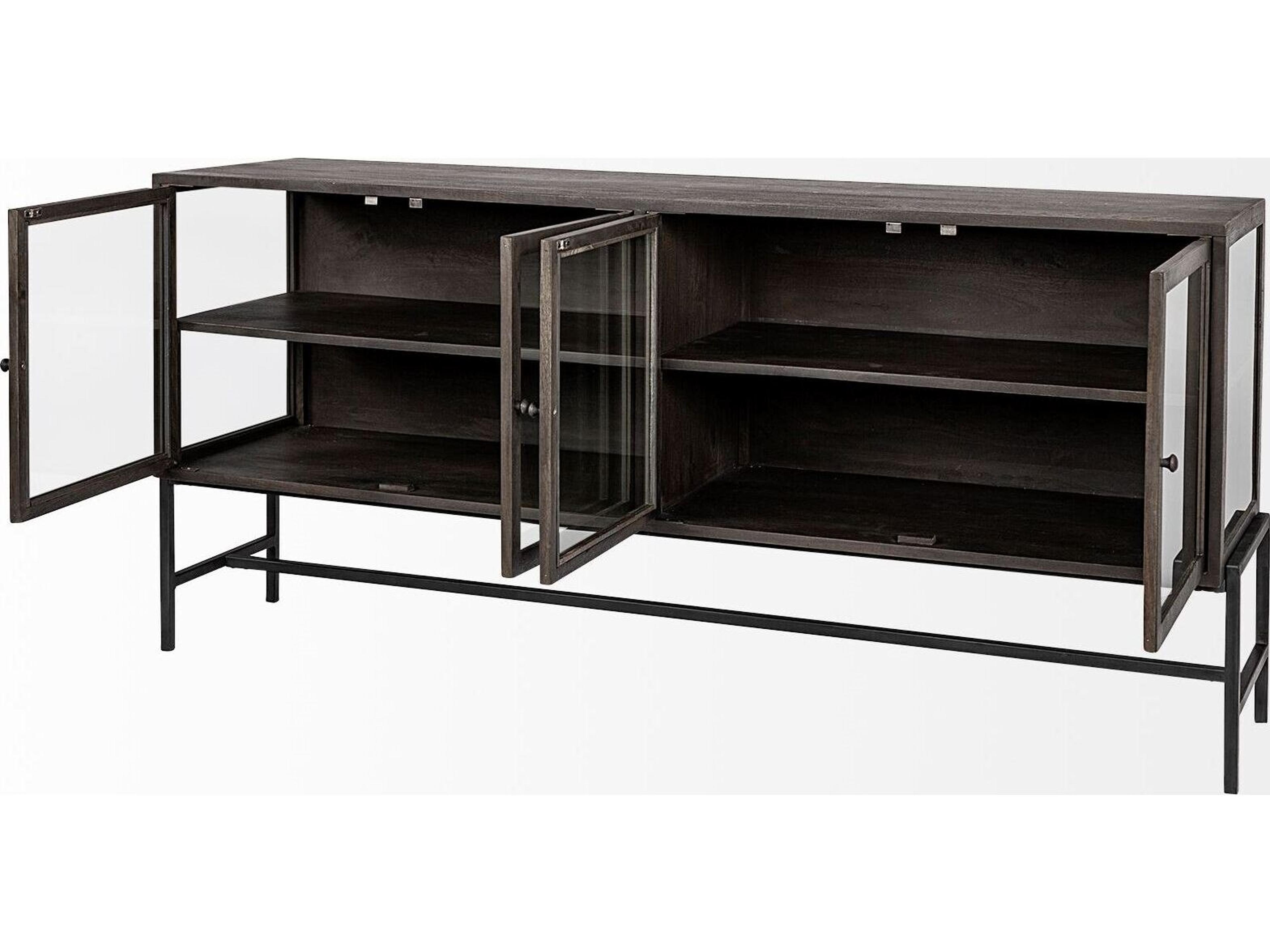 Mercana Arelius 70L x 18.75W x 32H Black-Brown Wood, Black Metal Base w/ 4 Glass Cabinet Doors Sideboard