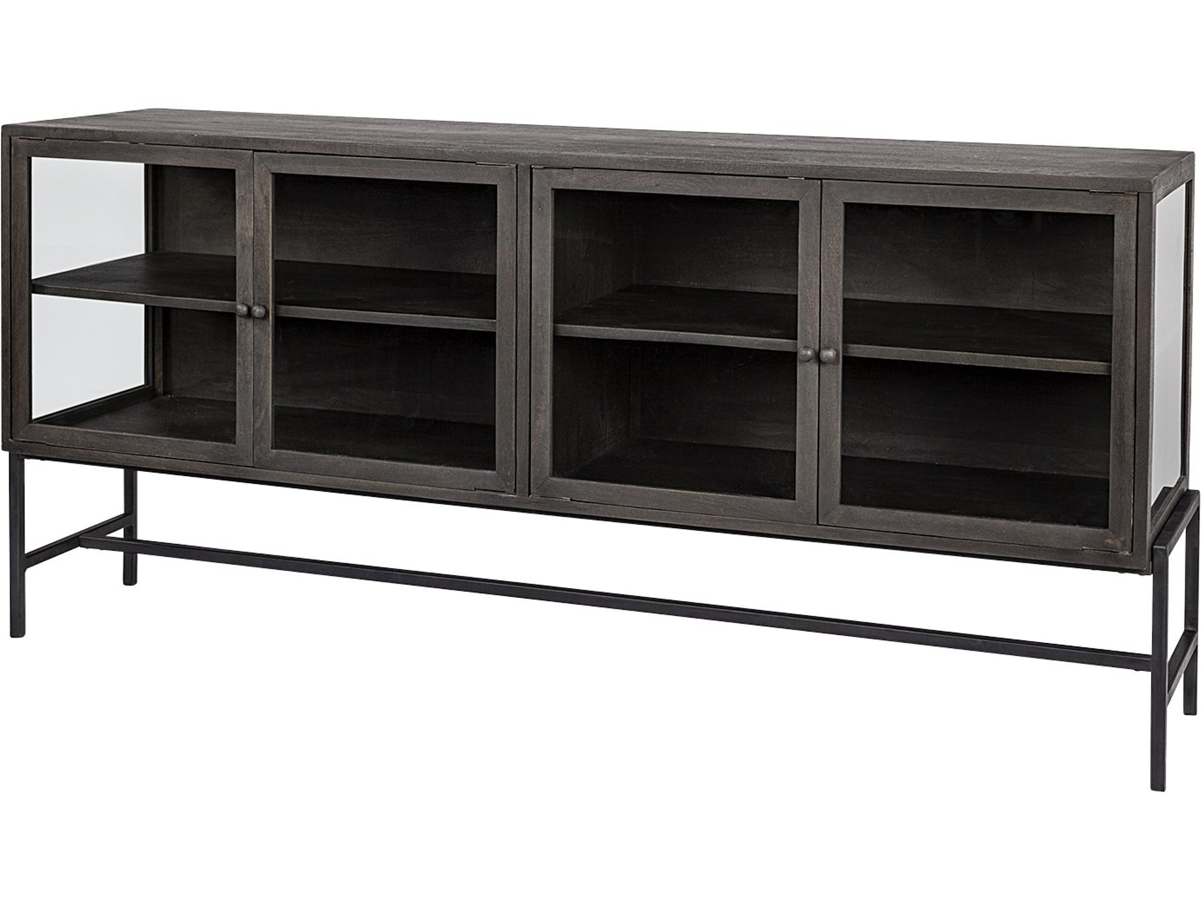 Arelius 70L x 18.75W x 32H Black-Brown Wood, Black Metal Base w/ 4 Glass Cabinet Doors Sideboard