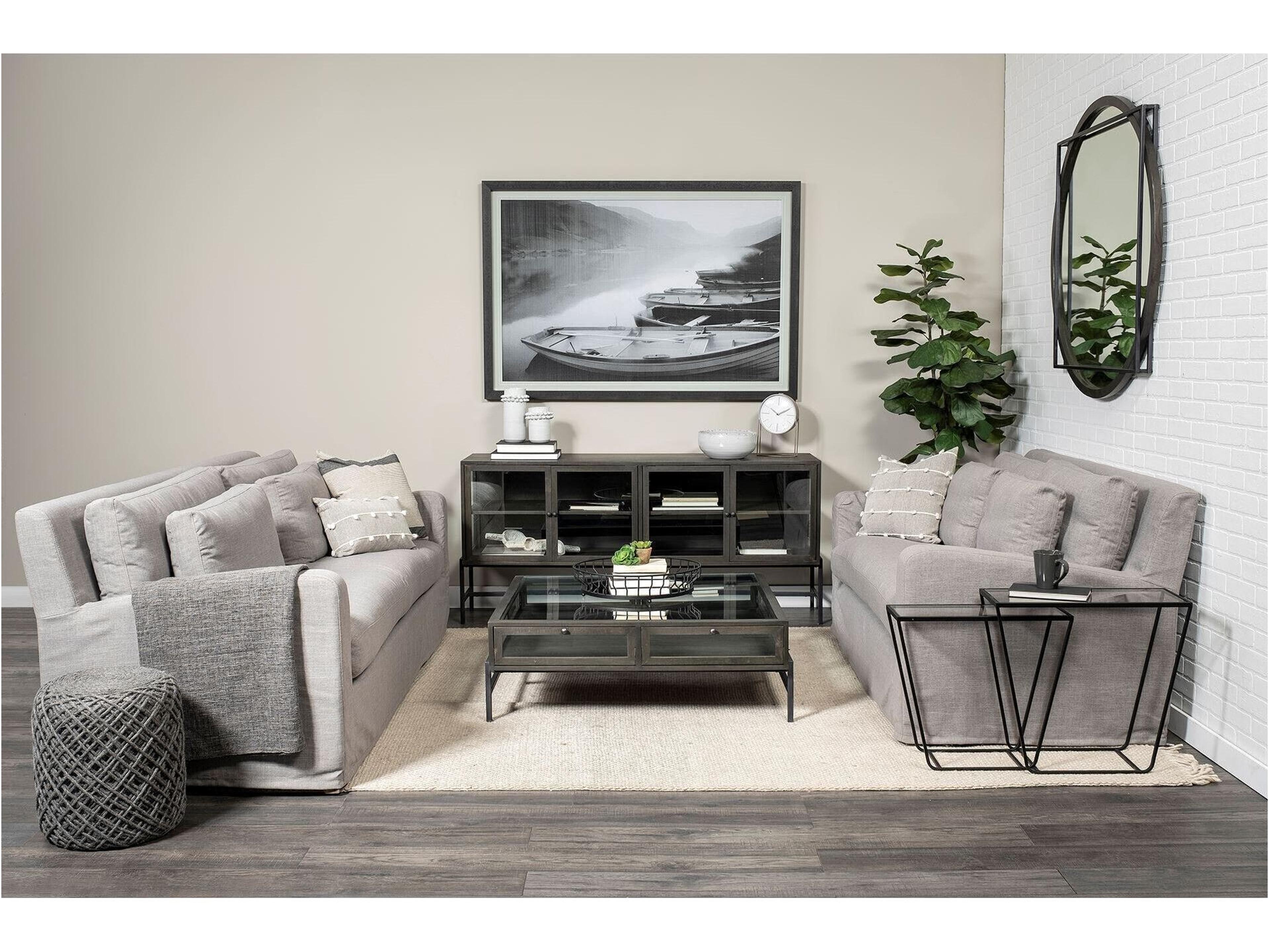 Mercana Arelius 70L x 18.75W x 32H Black-Brown Wood, Black Metal Base w/ 4 Glass Cabinet Doors Sideboard