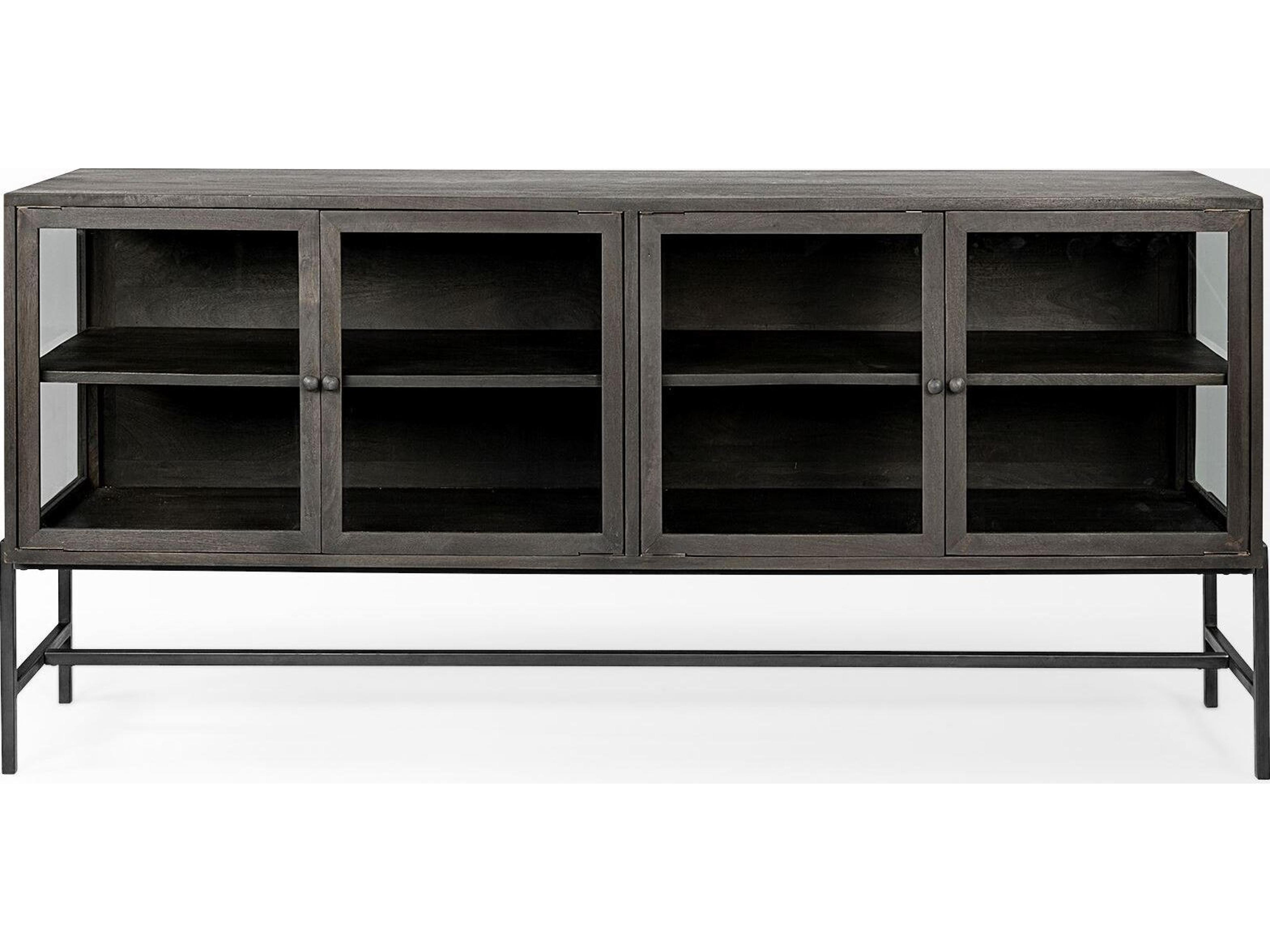 Mercana Arelius 70L x 18.75W x 32H Black-Brown Wood, Black Metal Base w/ 4 Glass Cabinet Doors Sideboard