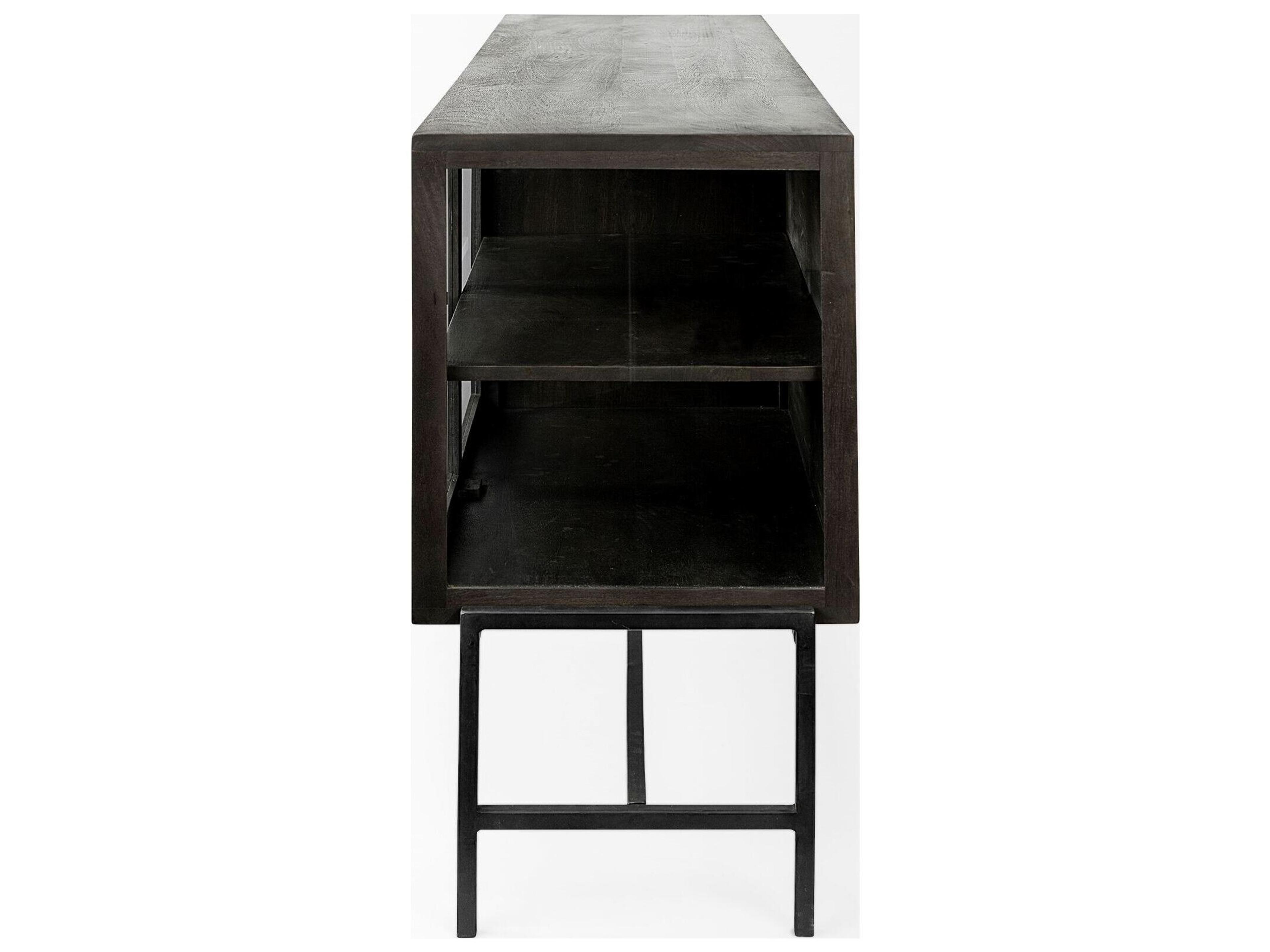Mercana Arelius 70L x 18.75W x 32H Black-Brown Wood, Black Metal Base w/ 4 Glass Cabinet Doors Sideboard