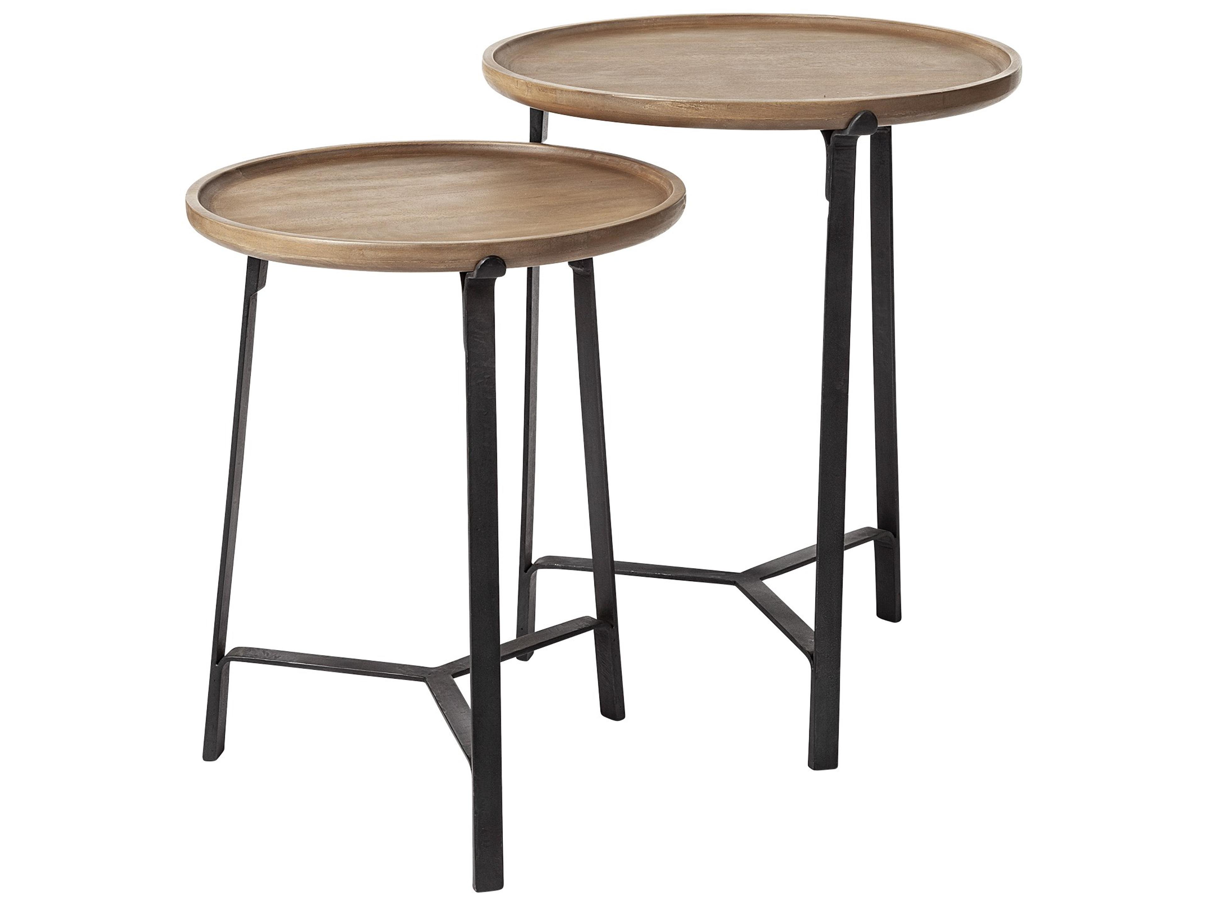 Helios III 20L x 24H Set of Two Round Brown Solid Wood Iron Base Nesting End/Side Tables