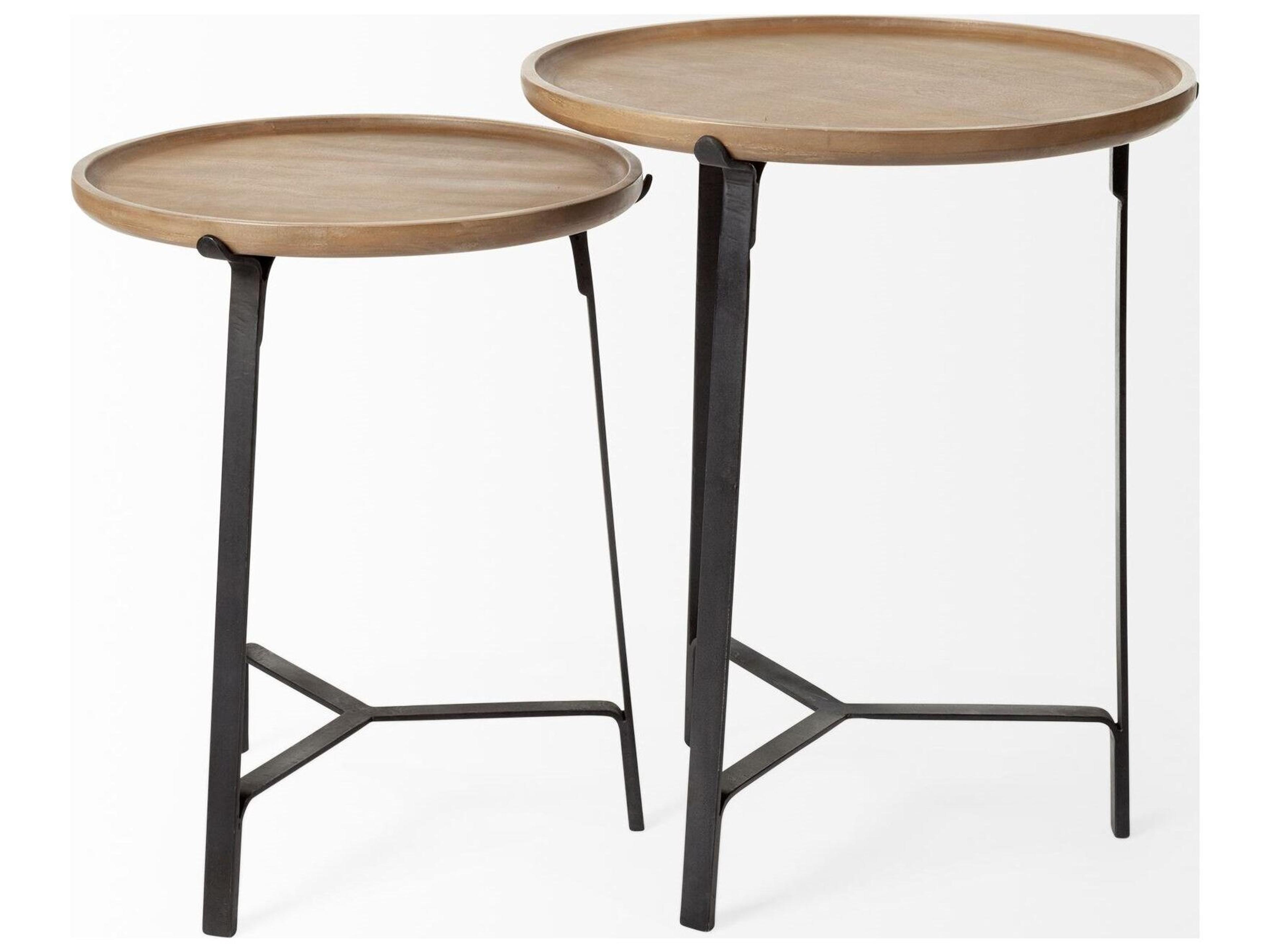 Mercana Helios III 20L x 24H Set of Two Round Brown Solid Wood Iron Base Nesting End/Side Tables