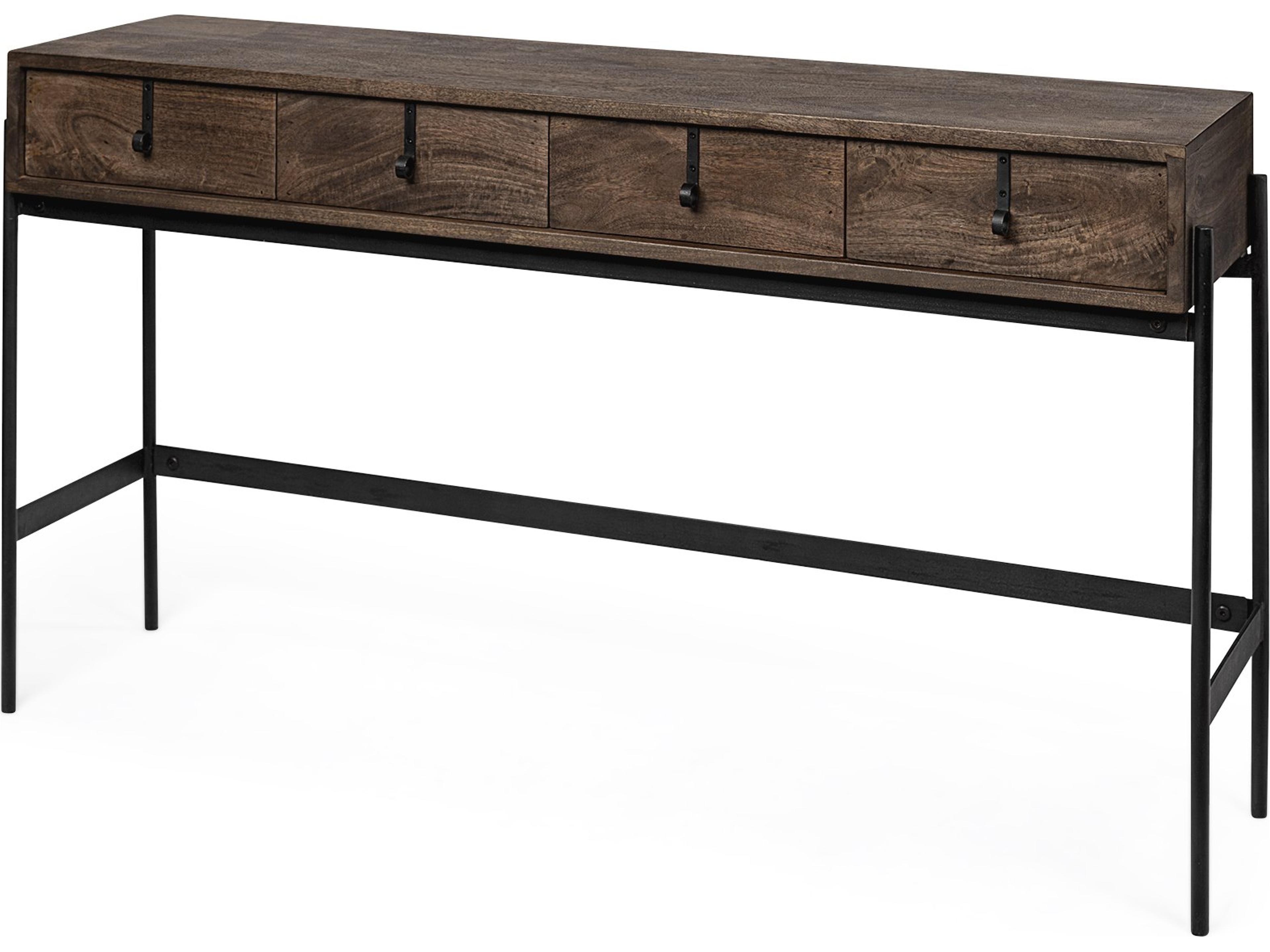 Glenn III 56L x 14W Dark Brown Wood w/ Black Iron Frame, 4 Drawer Console Table