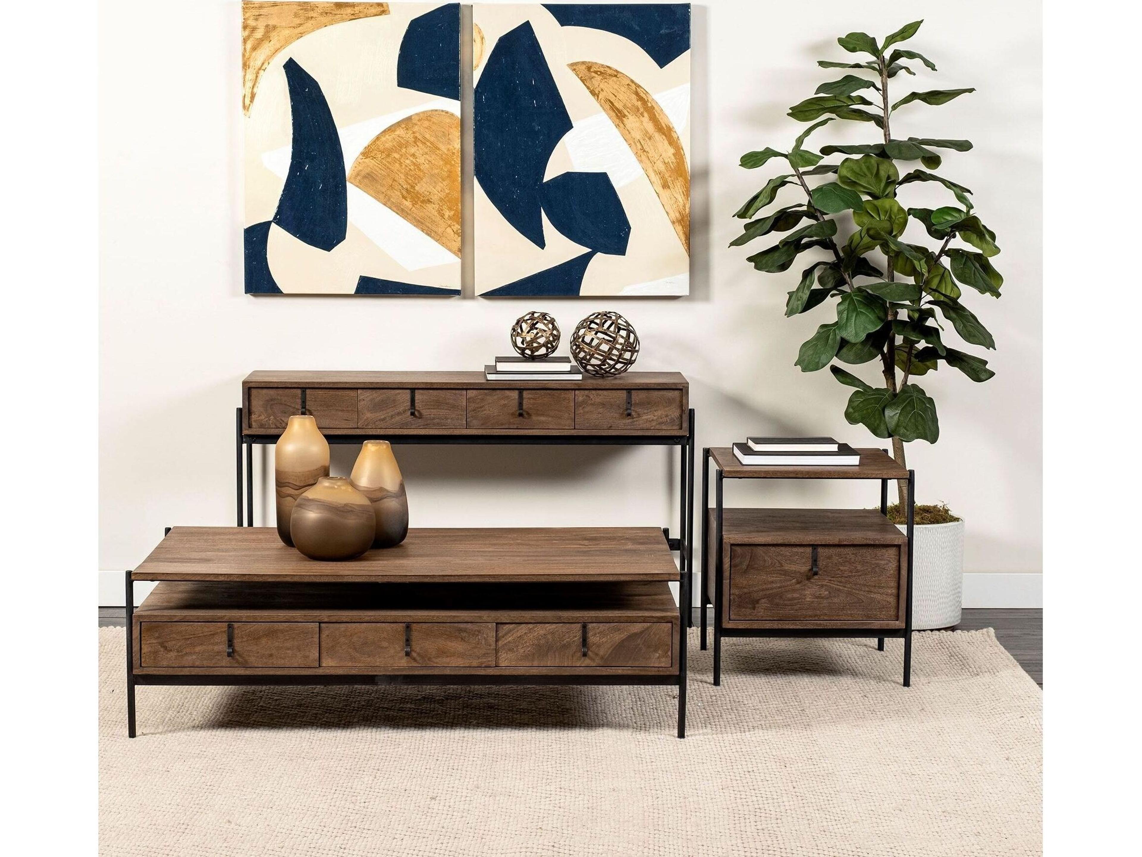 Mercana Glenn III 56L x 14W Dark Brown Wood w/ Black Iron Frame, 4 Drawer Console Table