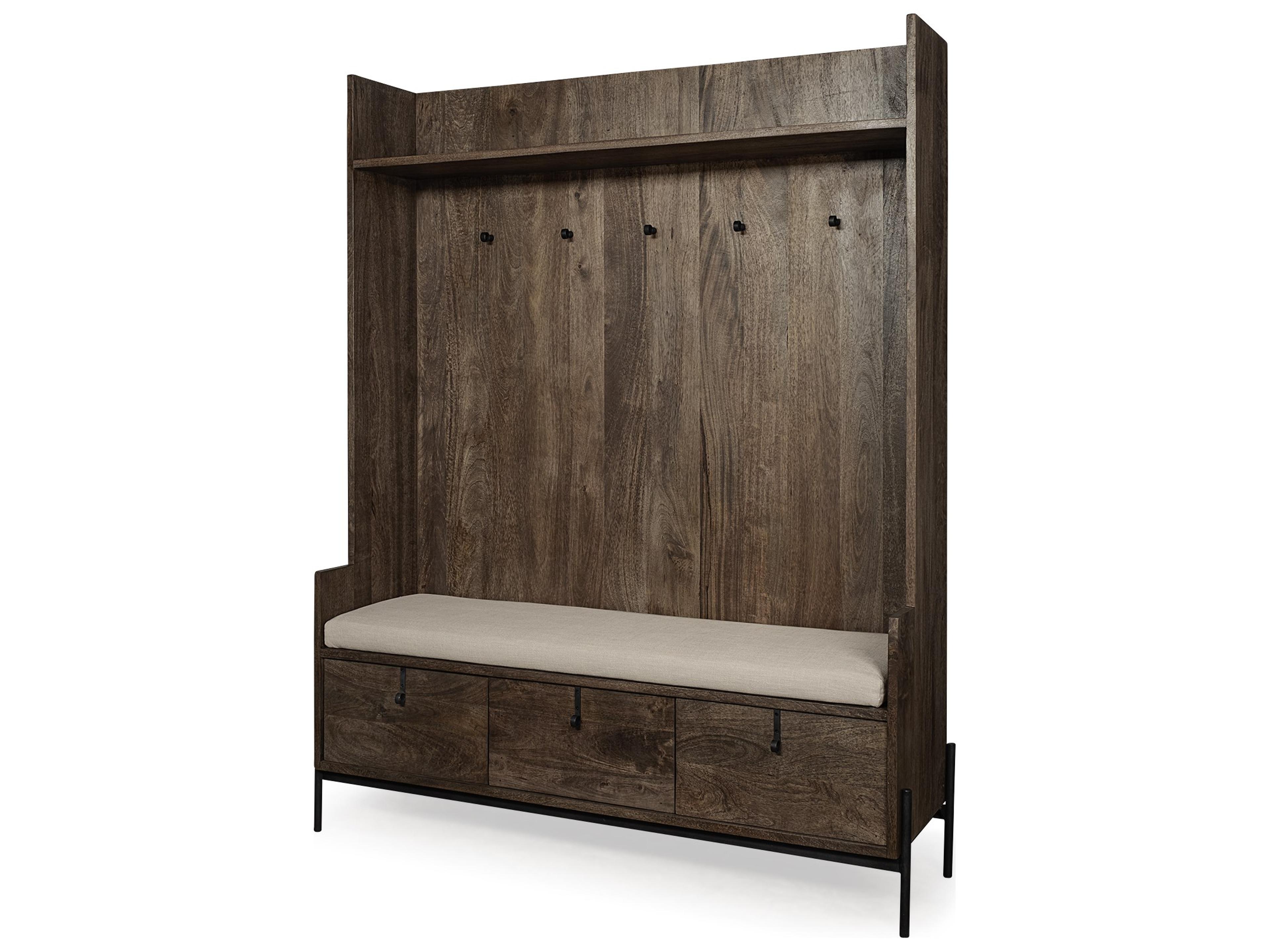 Glenn V 56L x 17W Dark Brown Wood w/ Cream Fabric Seat, 3 Drawers Hall Tree