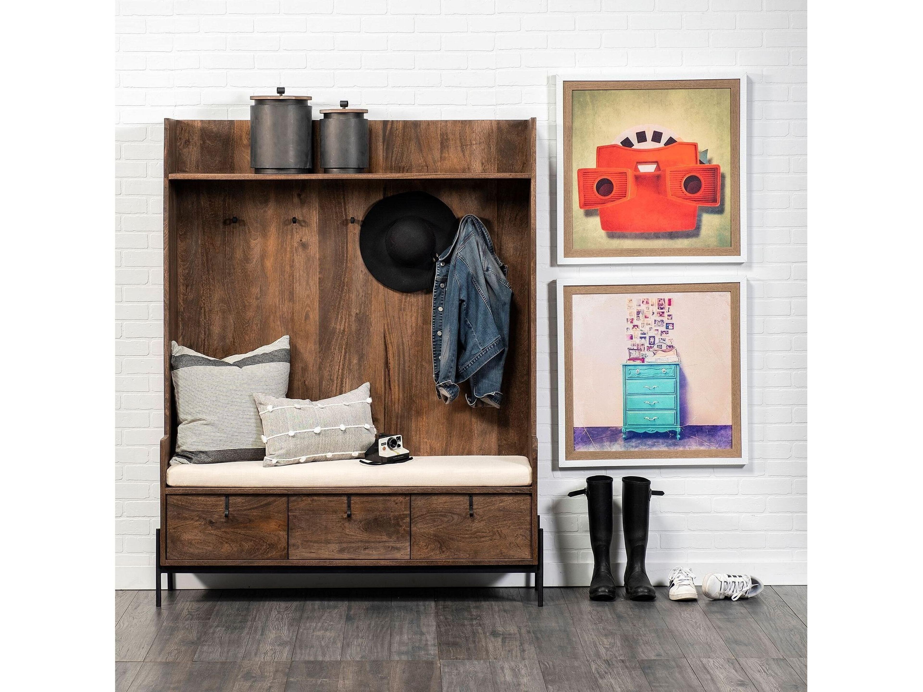 Mercana Glenn V 56L x 17W Dark Brown Wood w/ Cream Fabric Seat, 3 Drawers Hall Tree