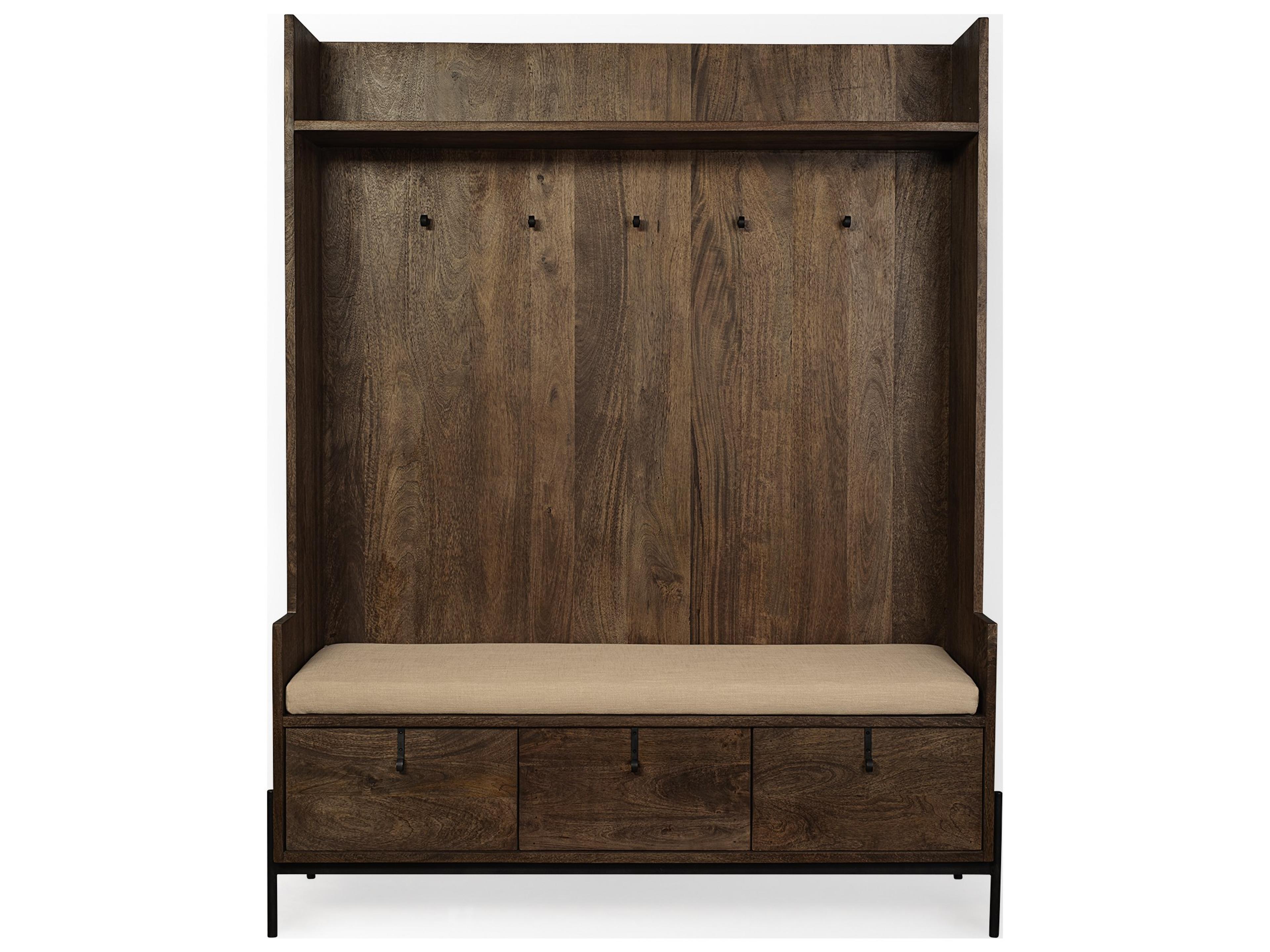 Mercana Glenn V 56L x 17W Dark Brown Wood w/ Cream Fabric Seat, 3 Drawers Hall Tree
