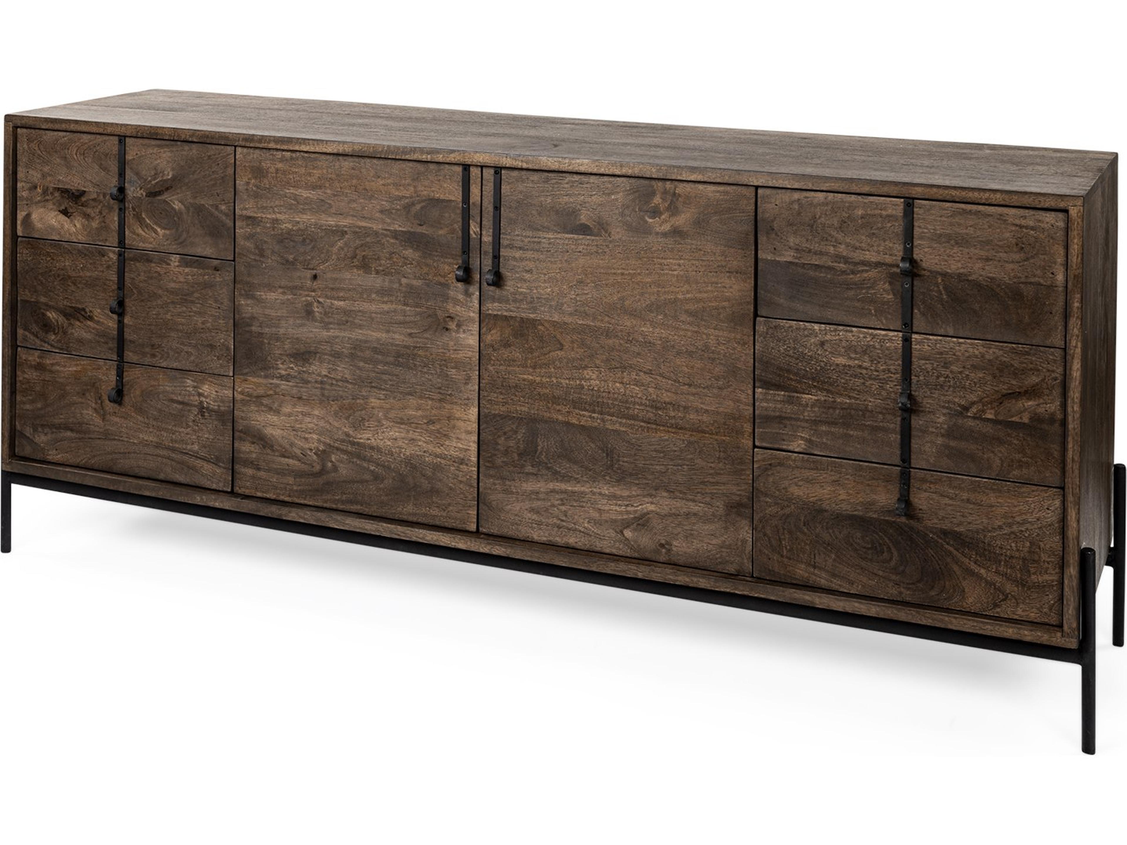 Glenn VI 71.5x18 Dark Brown Wood Frame w/ Black Iron Accent, 6 Drawer, 2 Door Cabinet Sideboard