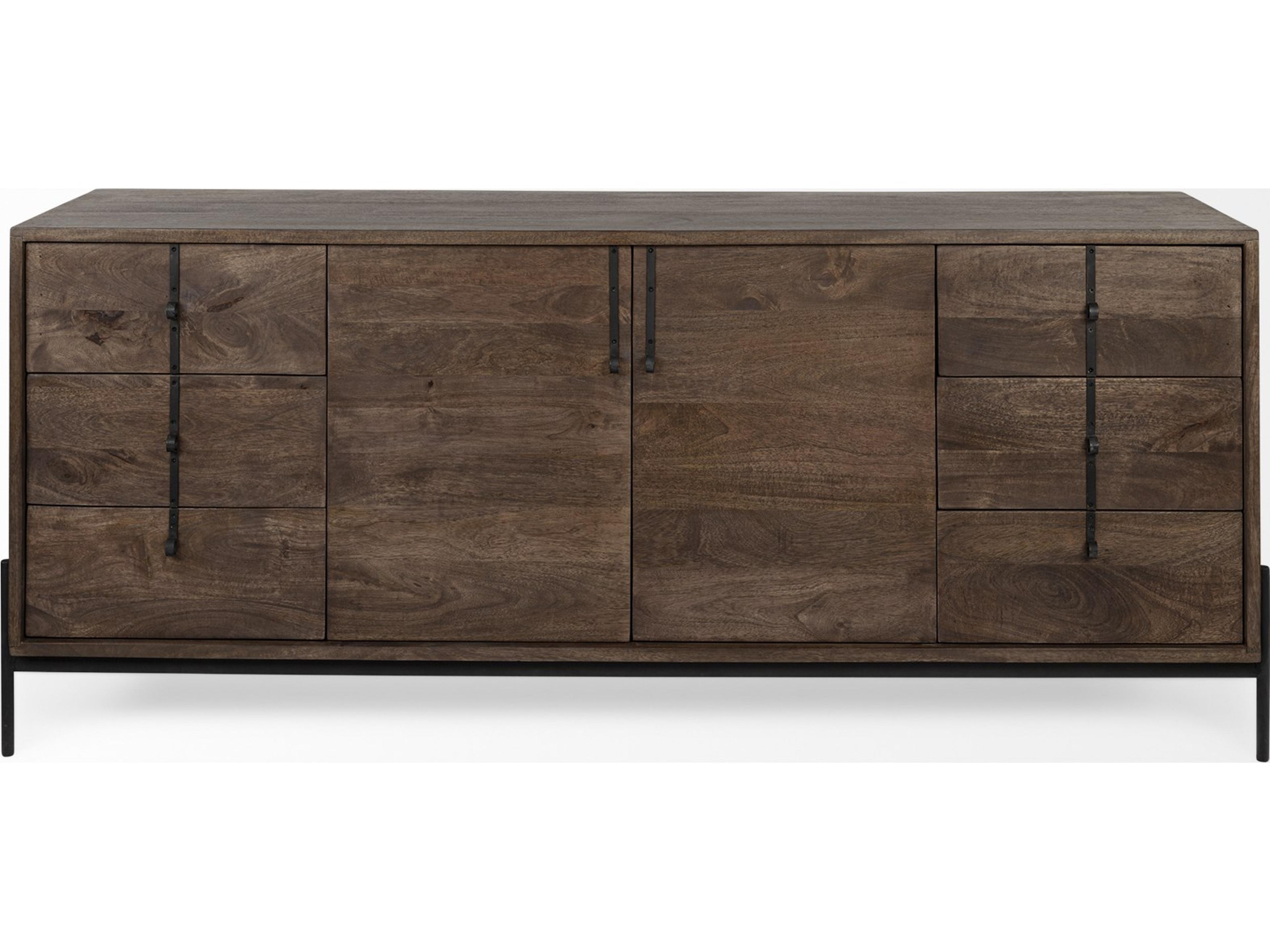 Mercana Glenn VI 71.5x18 Dark Brown Wood Frame w/ Black Iron Accent, 6 Drawer, 2 Door Cabinet Sideboard