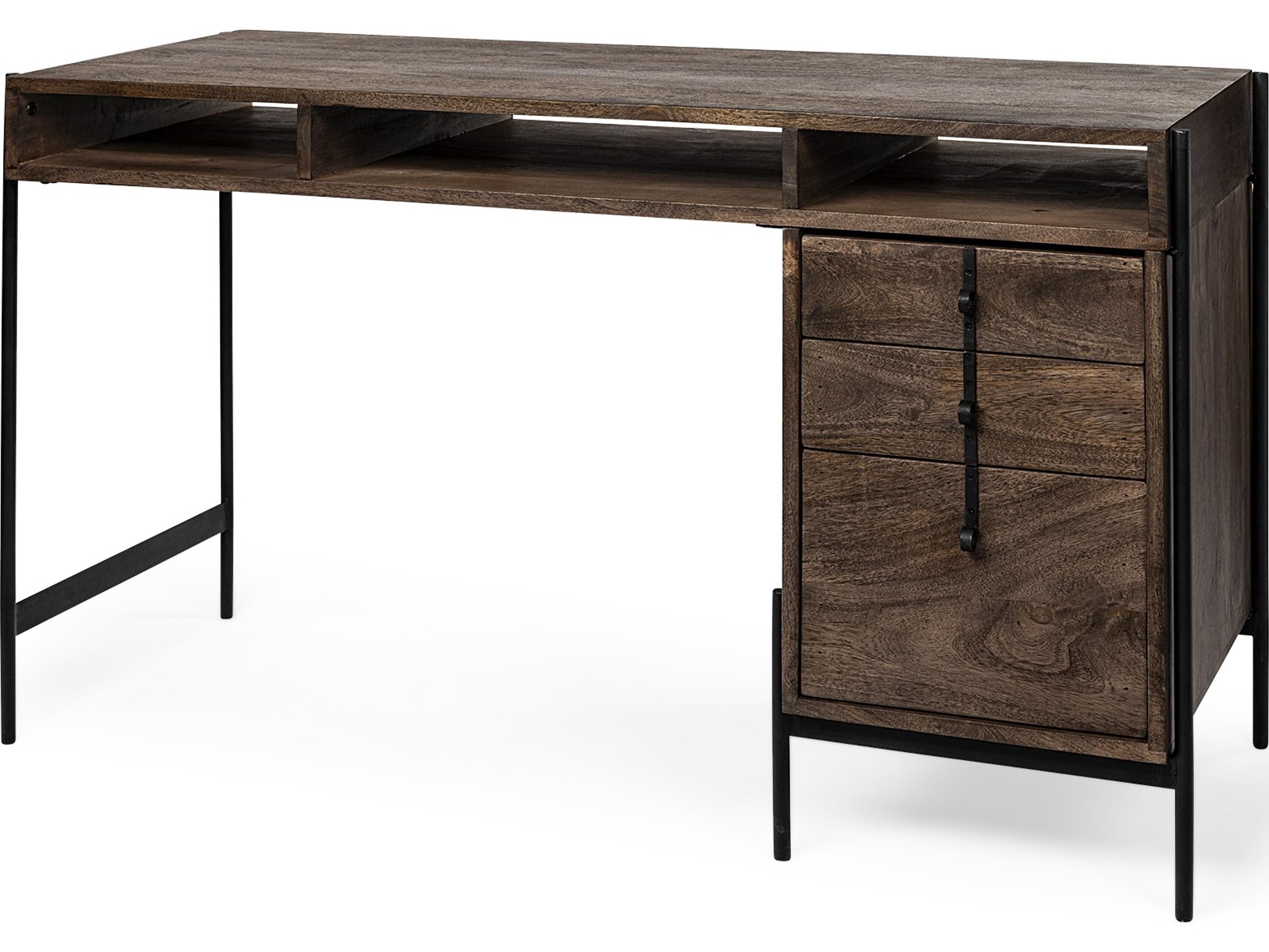 Glenn VII 56L x 22W Dark Brown Wood w/ Black Iron Frame, 3 Drawer Office Desk