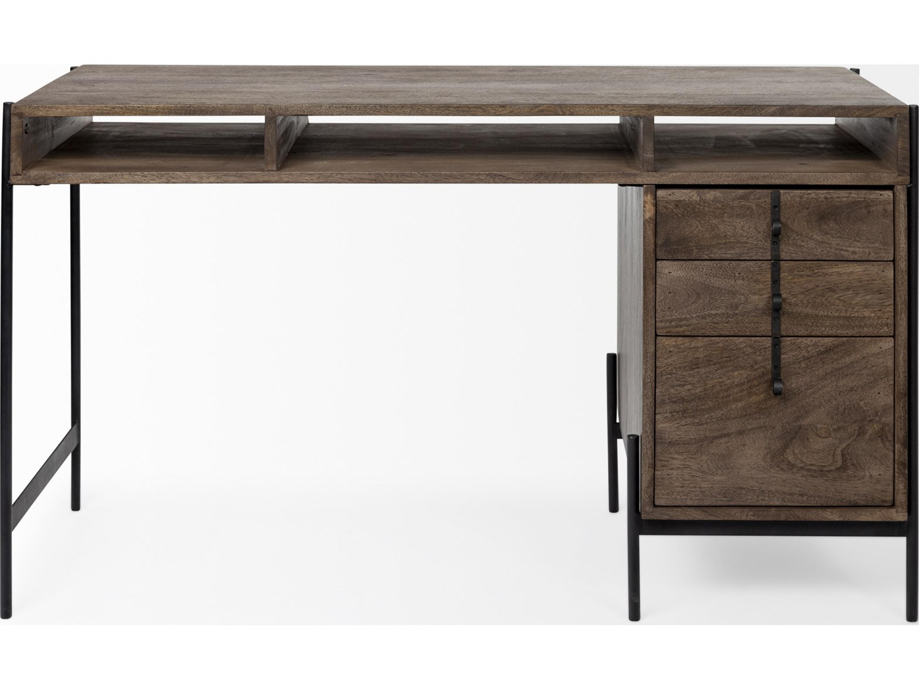 Mercana Glenn VII 56L x 22W Dark Brown Wood w/ Black Iron Frame, 3 Drawer Office Desk