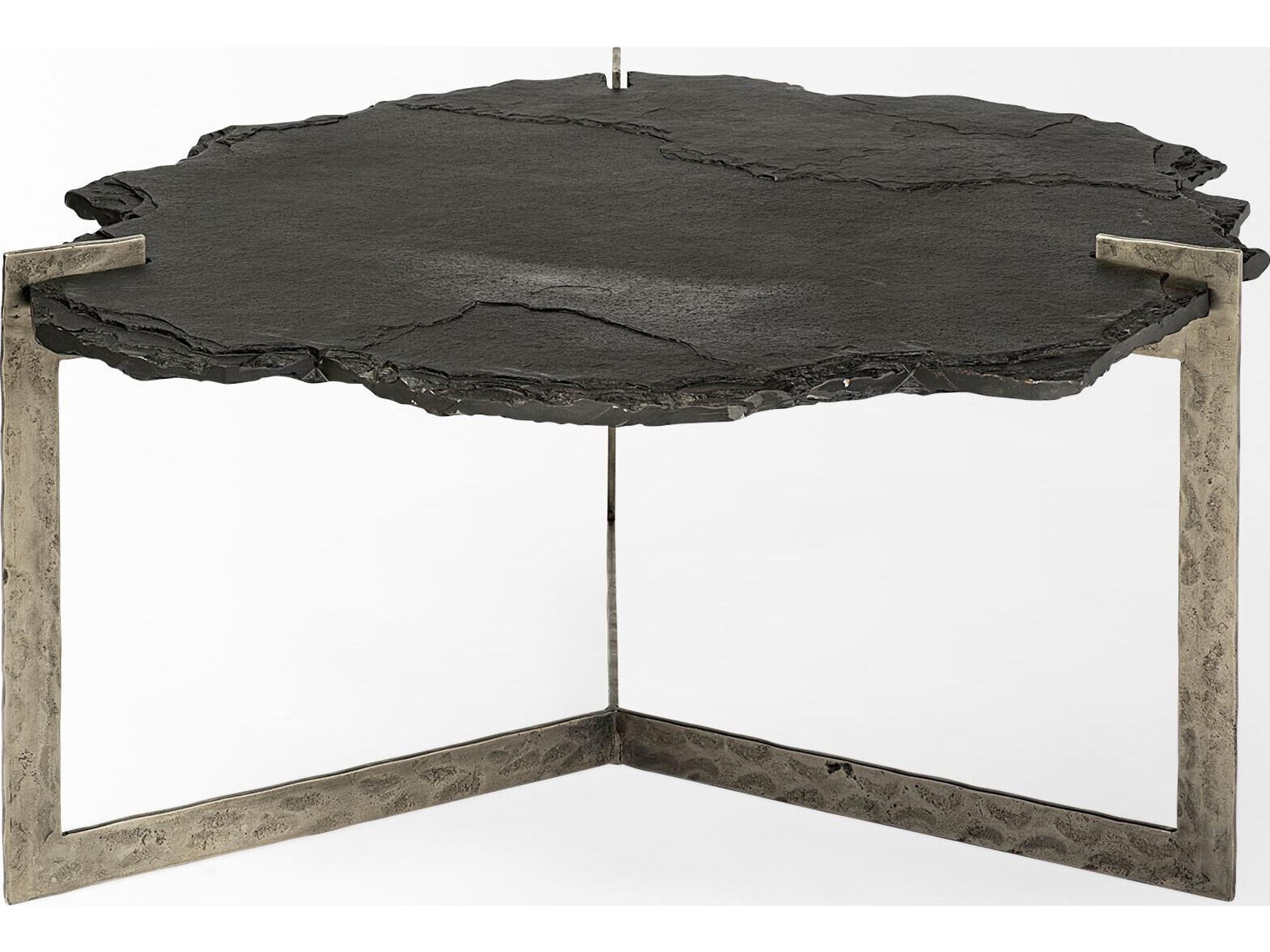 Mercana Shale 37" Irregular Live-Edge Black Slate w/Flat Iron Base Coffee Table