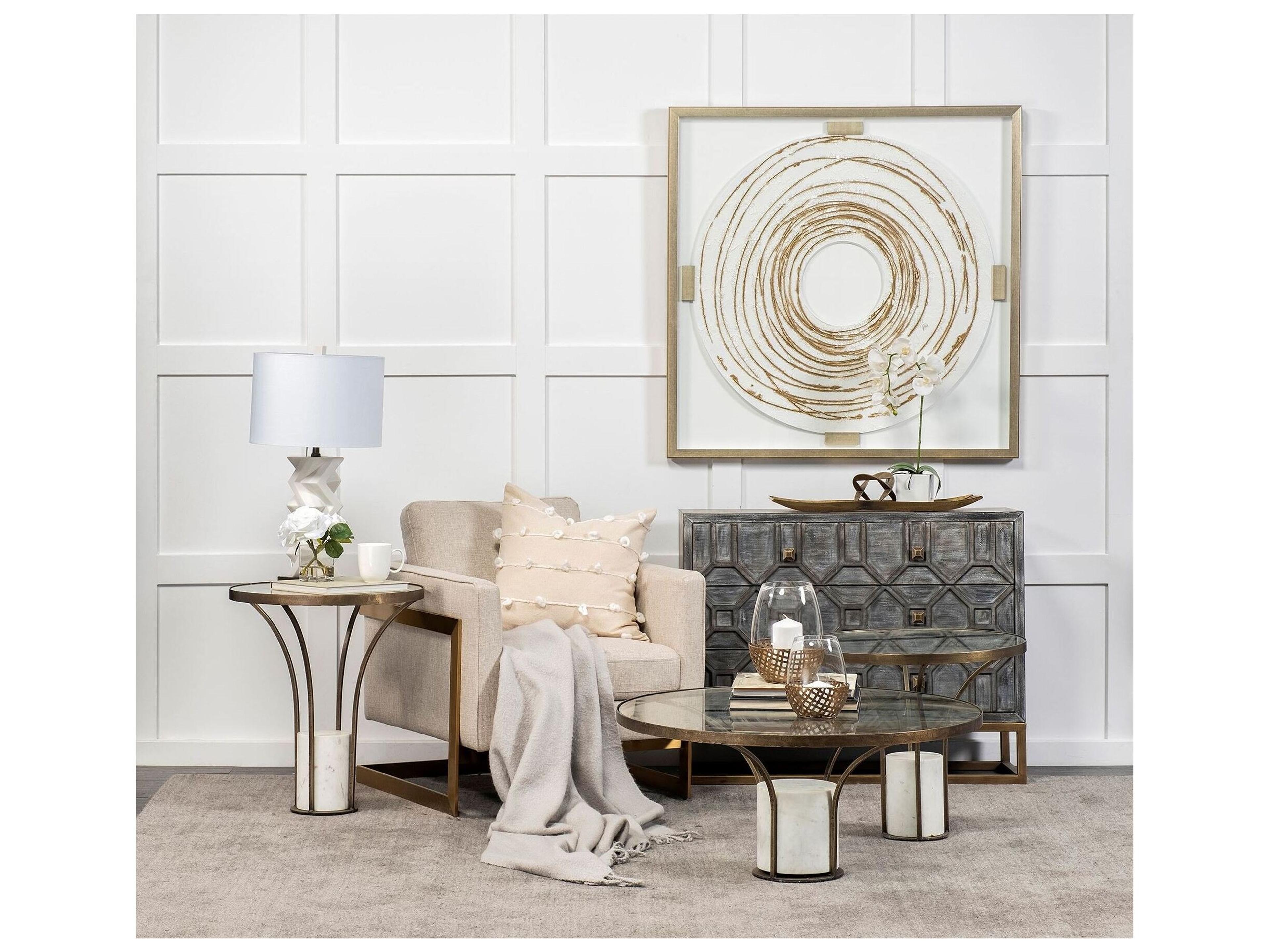 Mercana Jacinta 36" Round Glass Top Metal and Marble Pedestal Coffee Table