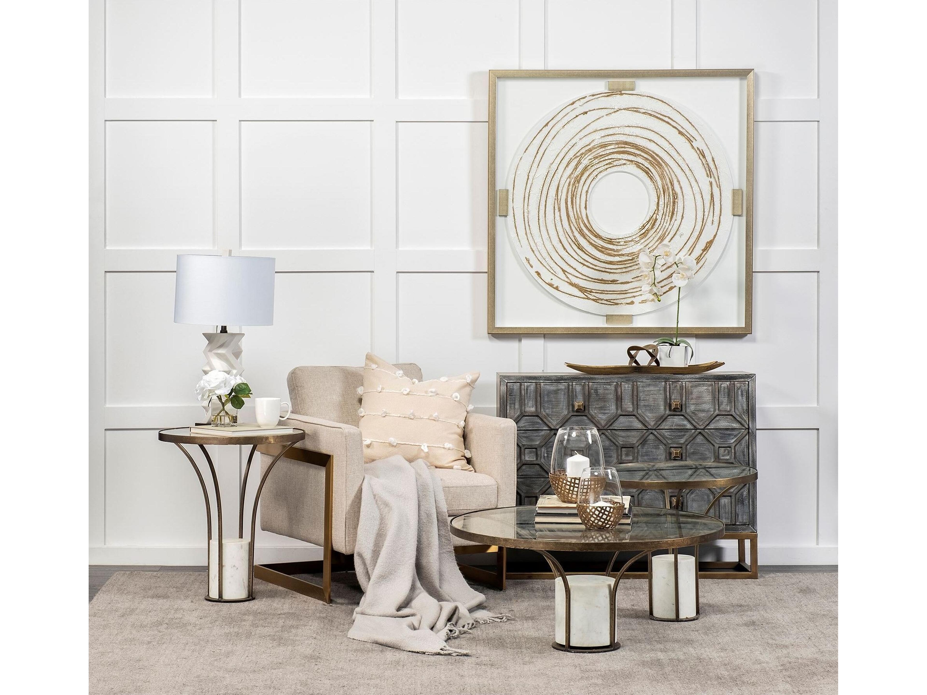 Mercana Jacinta II 21" Round Glass Top Metal and Marble Pedestal End/Side Table