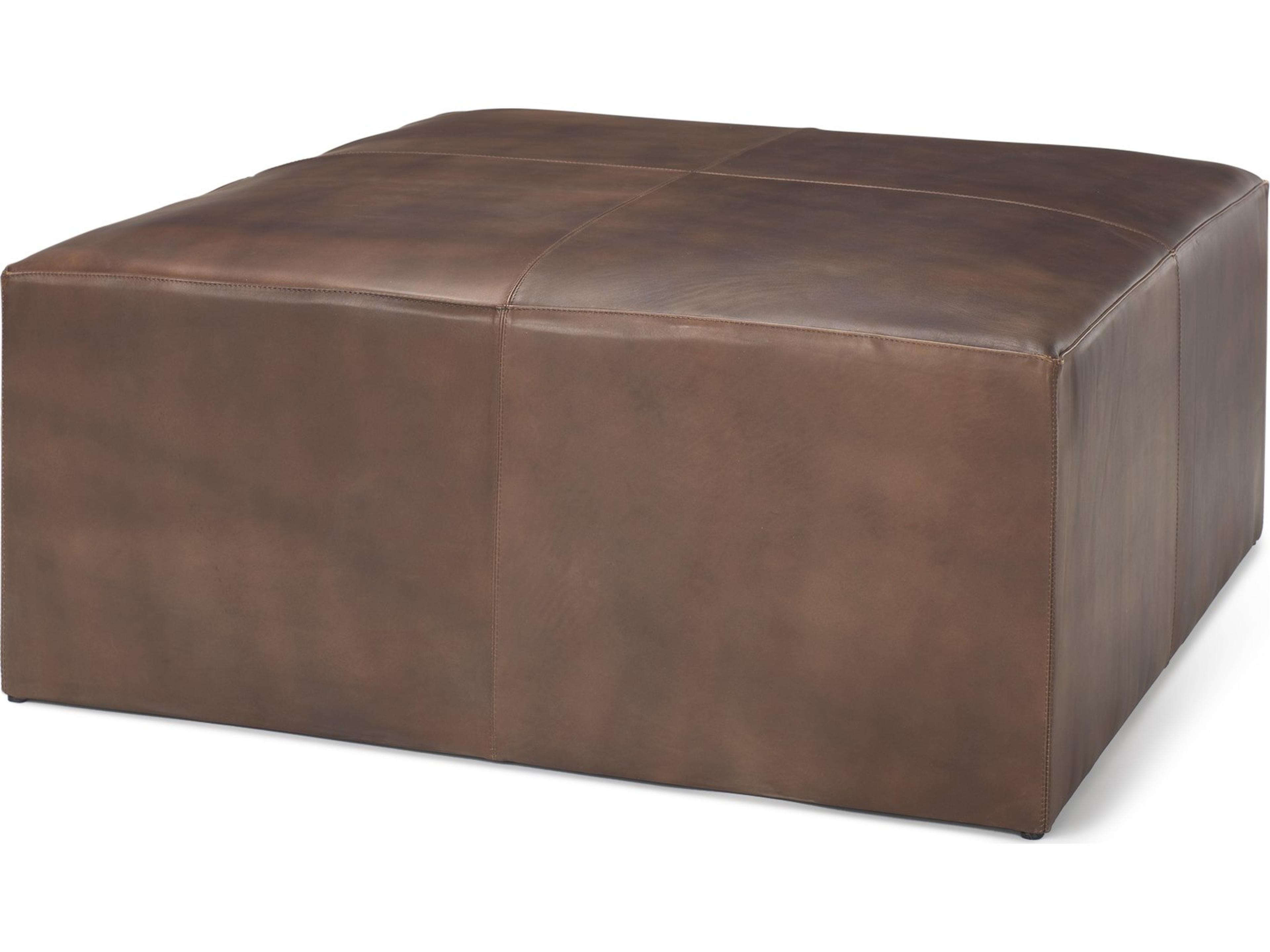 Minara 36" Square Brown Leather Wrapped w/Wood Base Ottoman