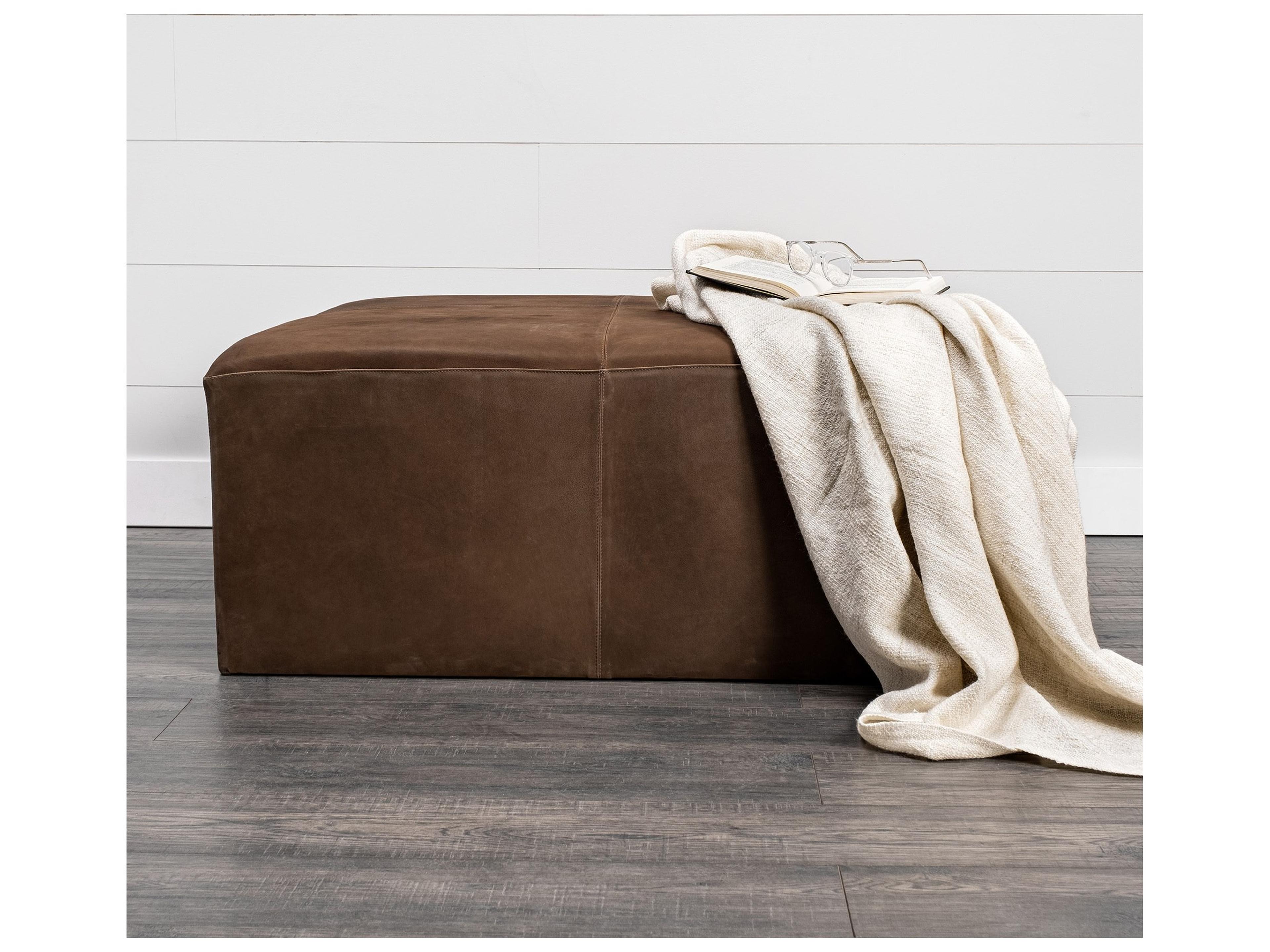 Mercana Minara 36" Square Brown Leather Wrapped w/Wood Base Ottoman