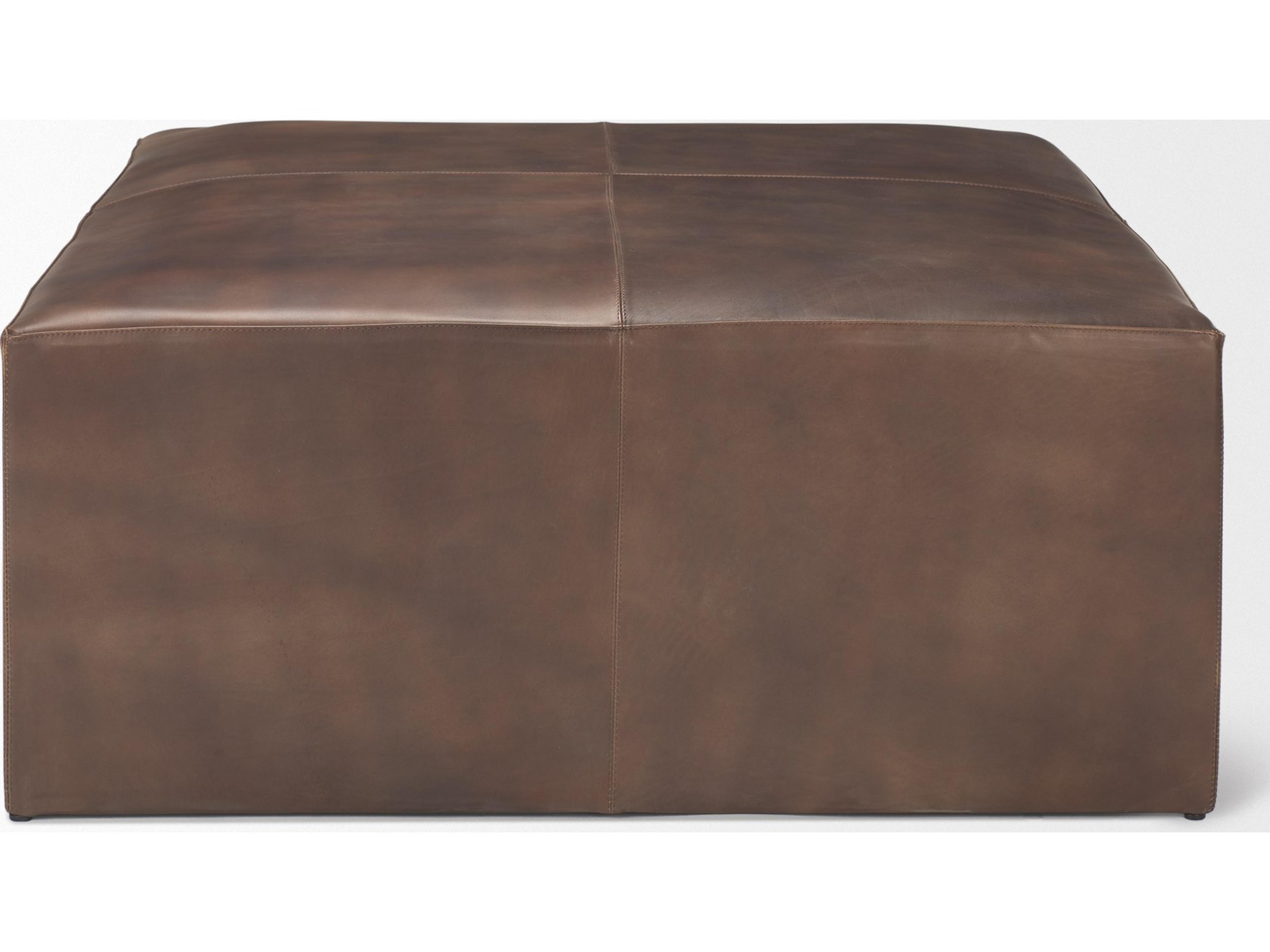 Mercana Minara 36" Square Brown Leather Wrapped w/Wood Base Ottoman
