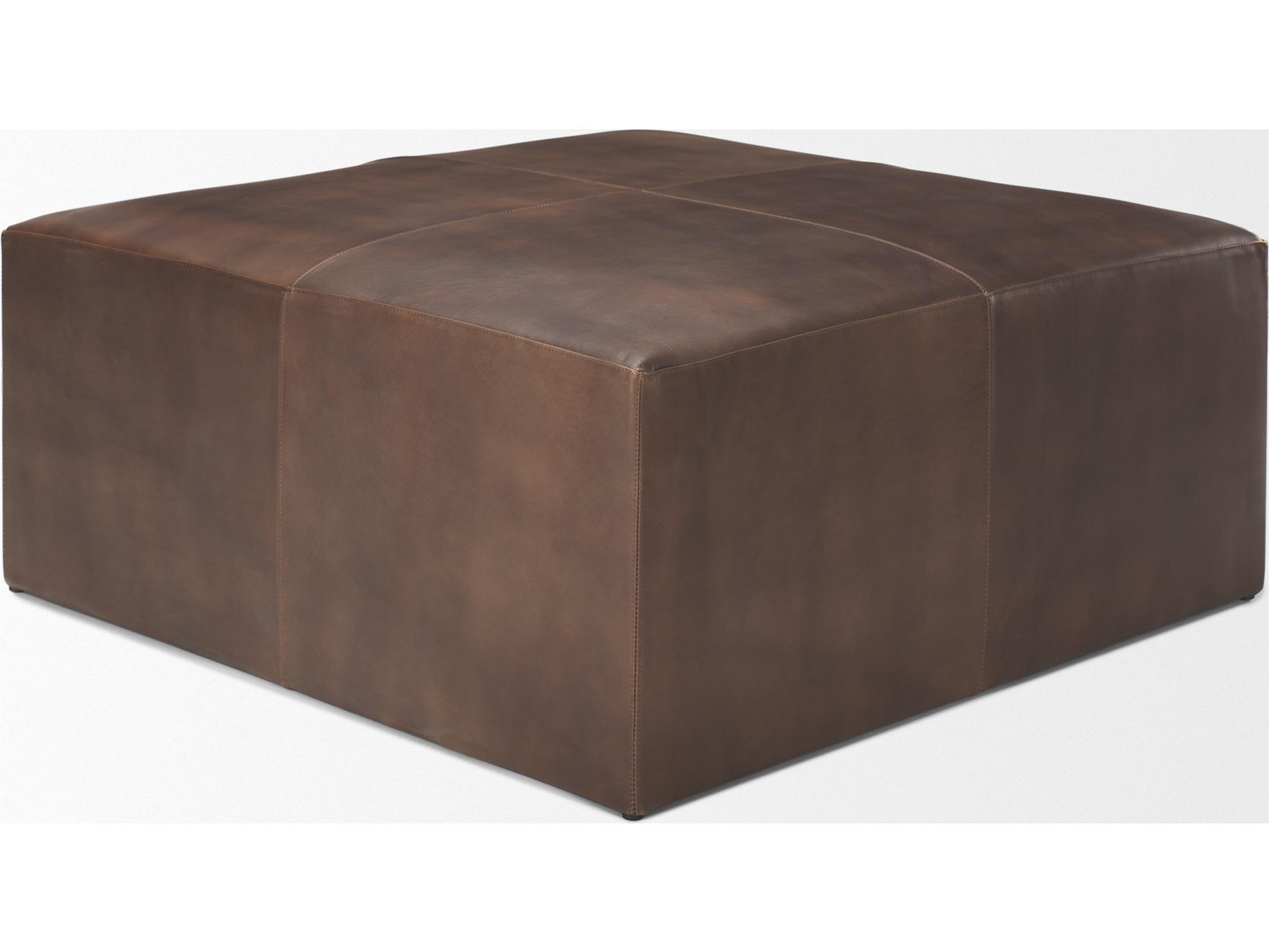 Mercana Minara 36" Square Brown Leather Wrapped w/Wood Base Ottoman