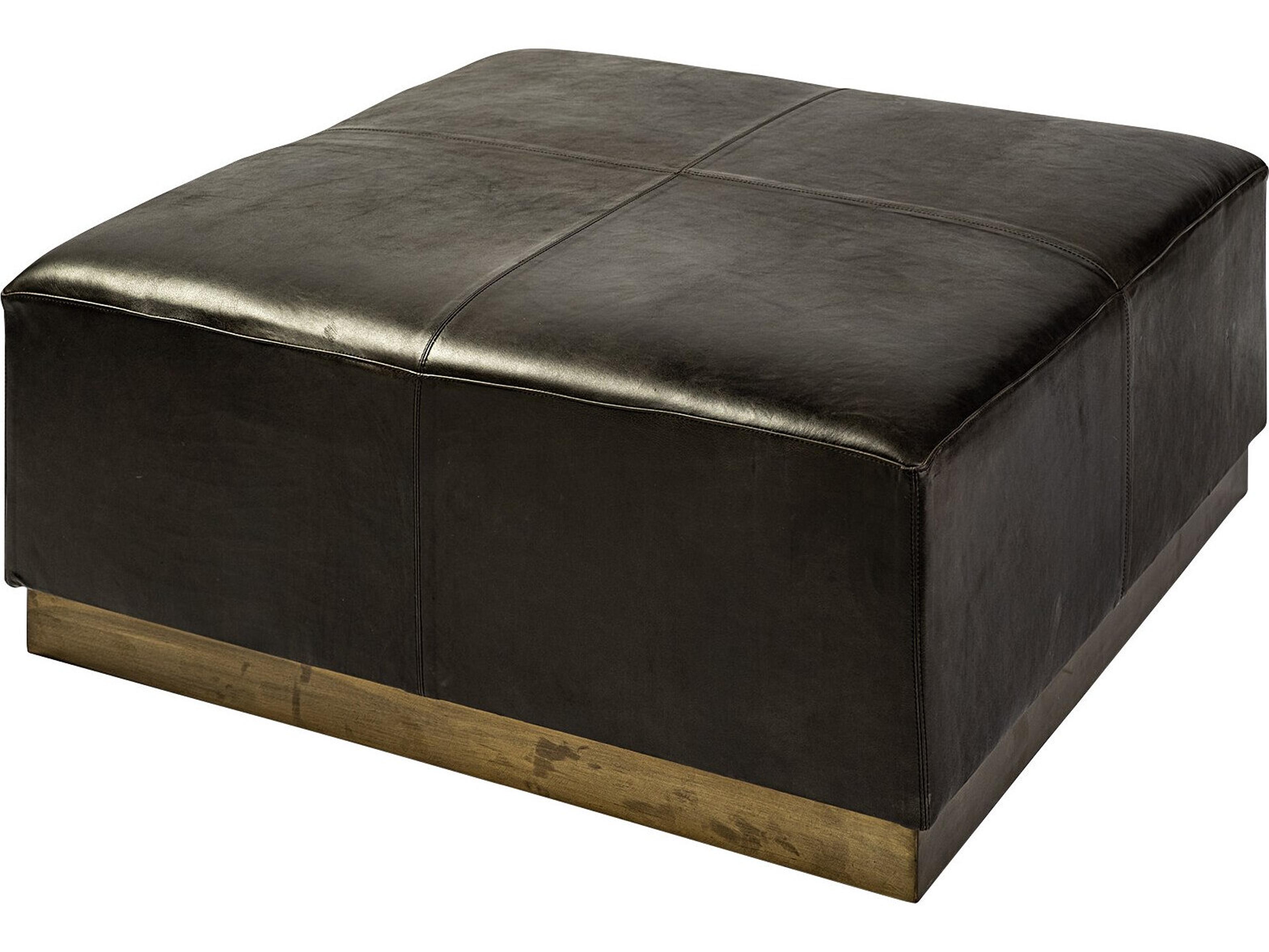 Minara 36" Square Black Leather Wrapped w/Metal Base Ottoman