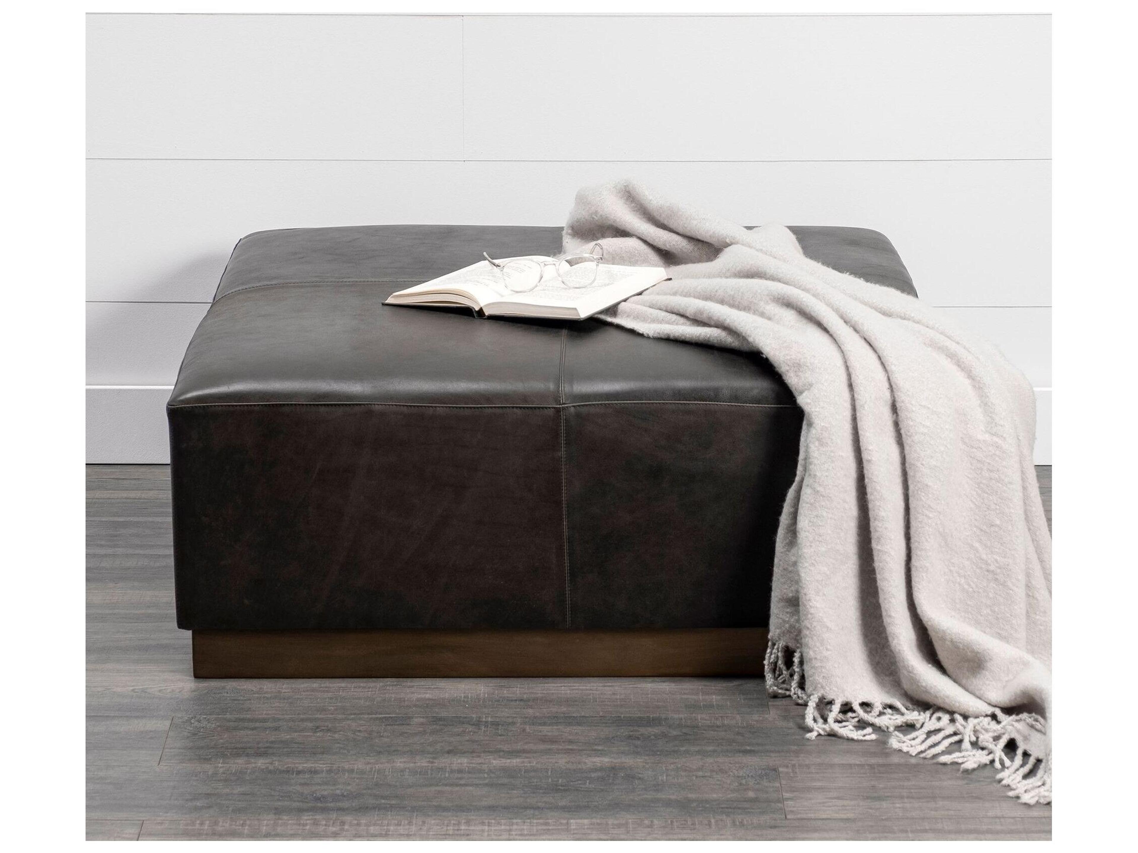 Mercana Minara 36" Square Black Leather Wrapped w/Metal Base Ottoman