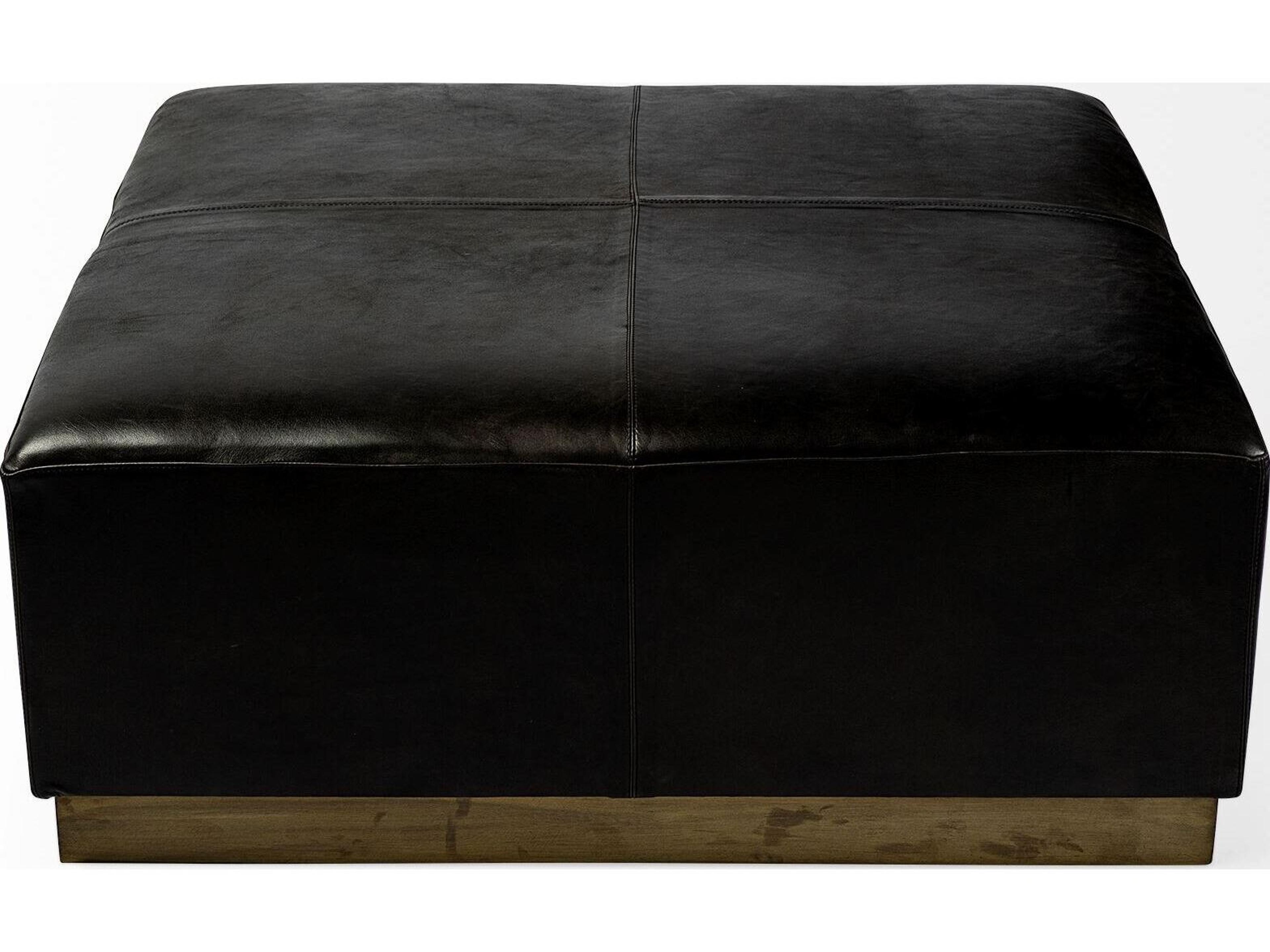 Mercana Minara 36" Square Black Leather Wrapped w/Metal Base Ottoman